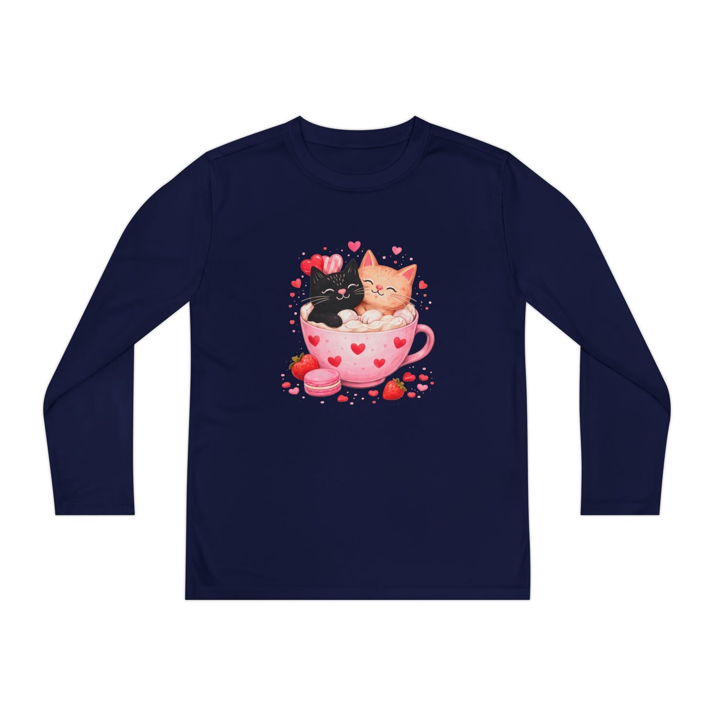 Kids Long Sleeve Tee — Cute Kittens in Heart Teacup Valentine Shirt - FloofChonk