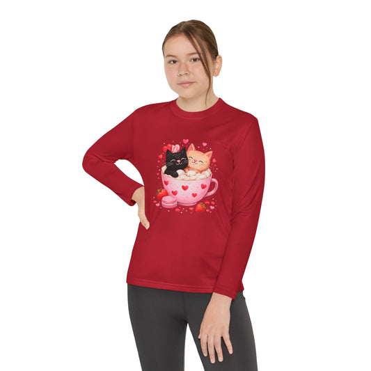 Kids Long Sleeve Tee — Cute Kittens in Heart Teacup Valentine Shirt - FloofChonk