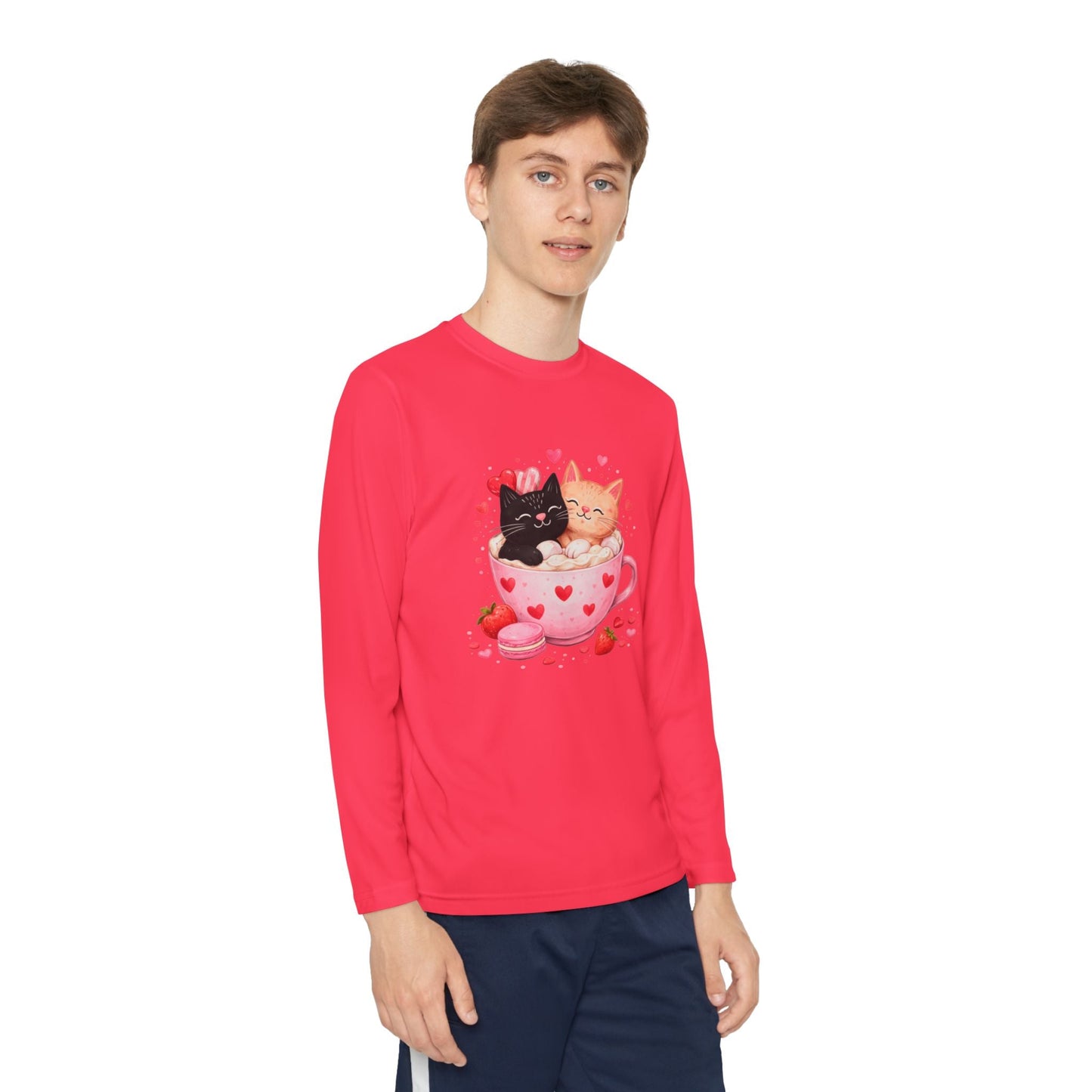 Kids Long Sleeve Tee — Cute Kittens in Heart Teacup Valentine Shirt - FloofChonk
