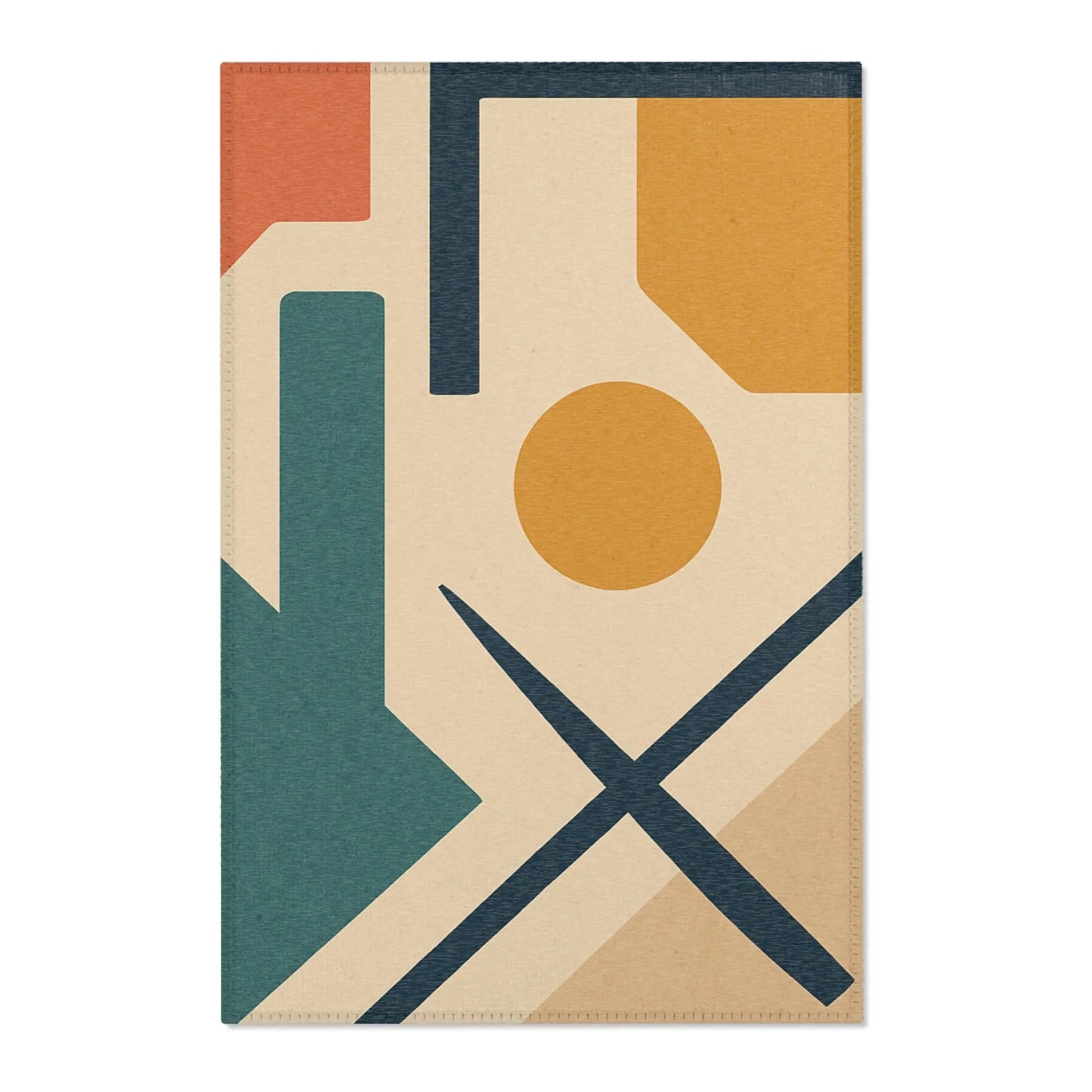 Mid - Century Geometric Area Rug — Retro Abstract Shapes in Teal, Mustard & Coral - FloofChonk