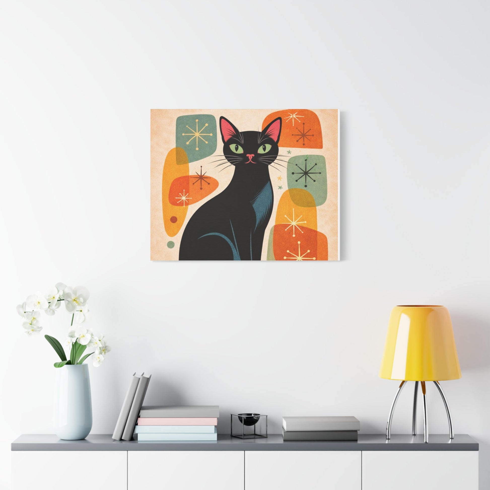 Mid - Century Modern Black Cat Canvas Print — Matte Stretched Wall Art - FloofChonk