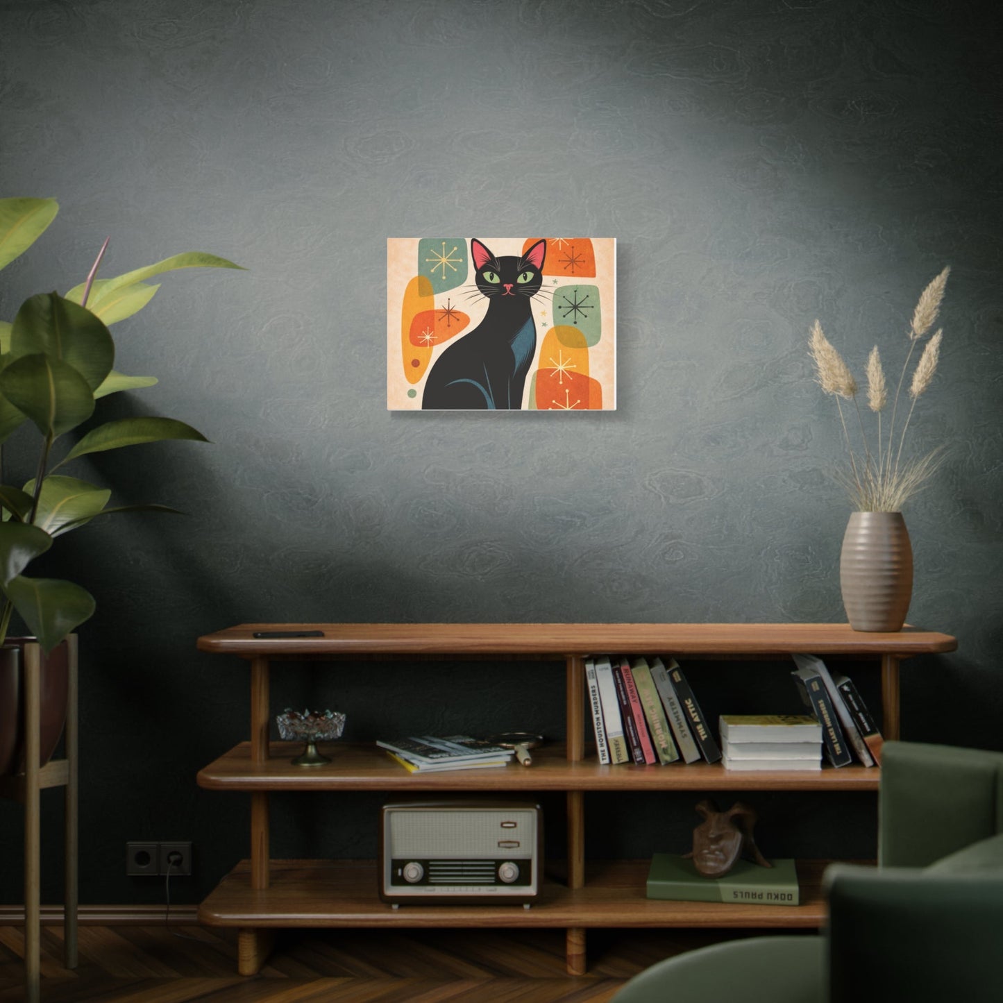 Mid - Century Modern Black Cat Canvas Print — Matte Stretched Wall Art - FloofChonk