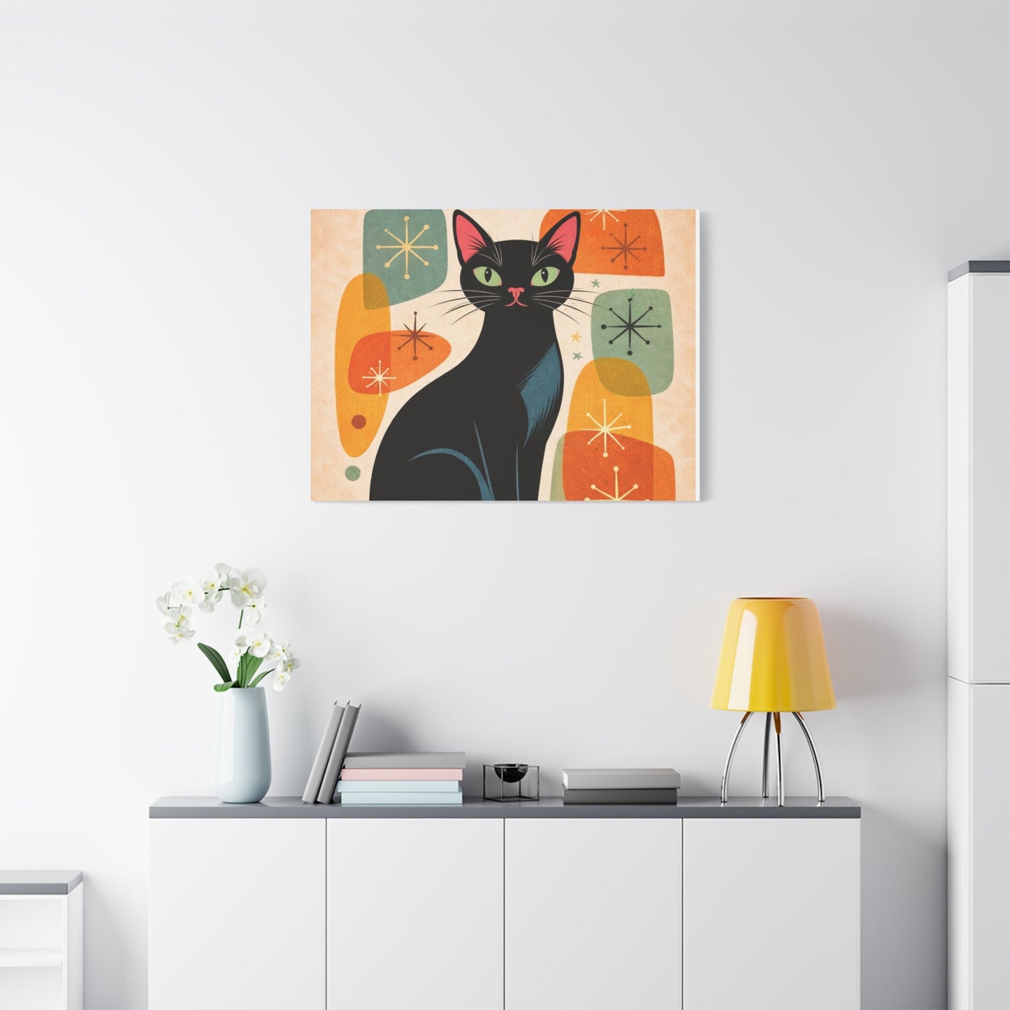 Mid - Century Modern Black Cat Canvas Print — Matte Stretched Wall Art - FloofChonk