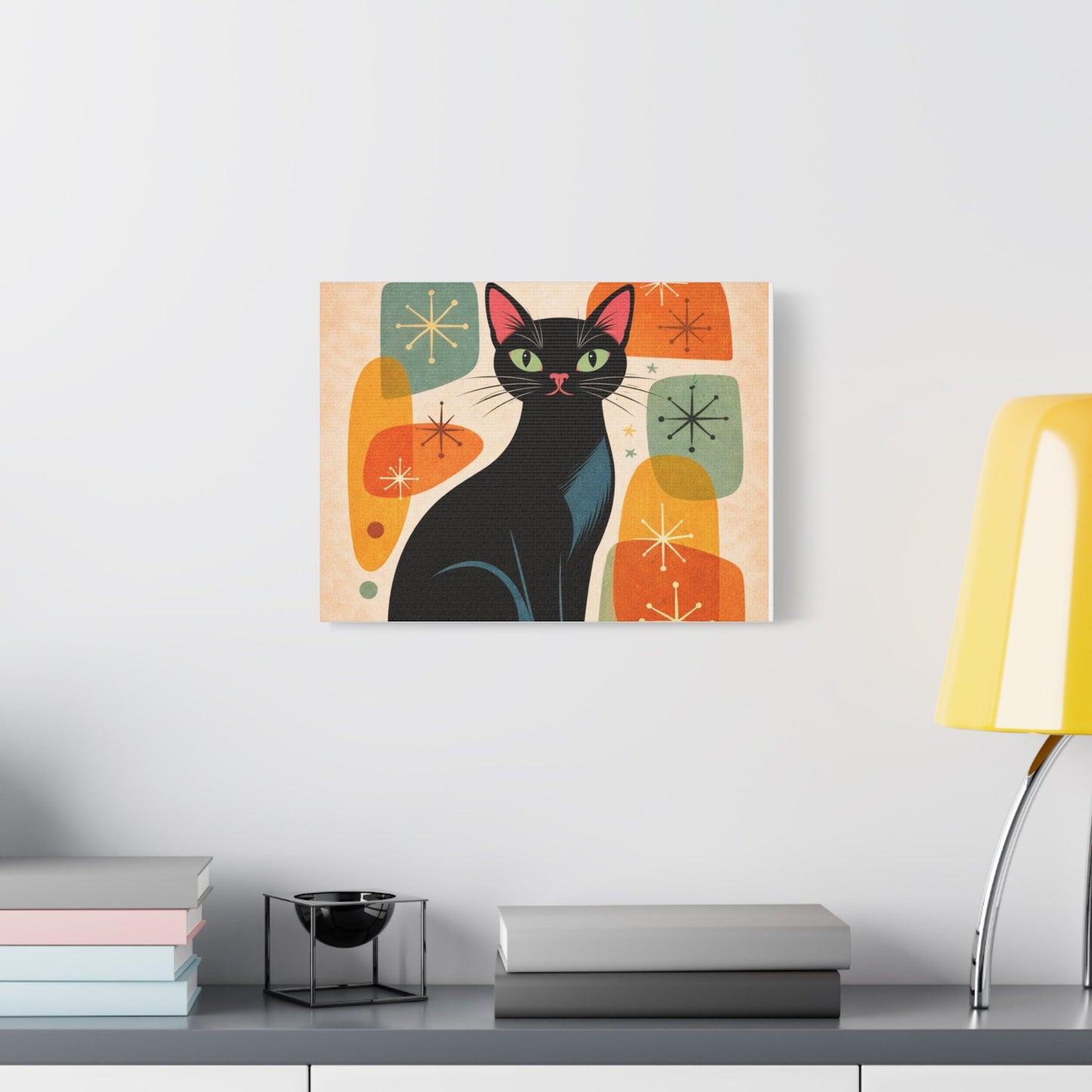Mid - Century Modern Black Cat Canvas Print — Matte Stretched Wall Art - FloofChonk