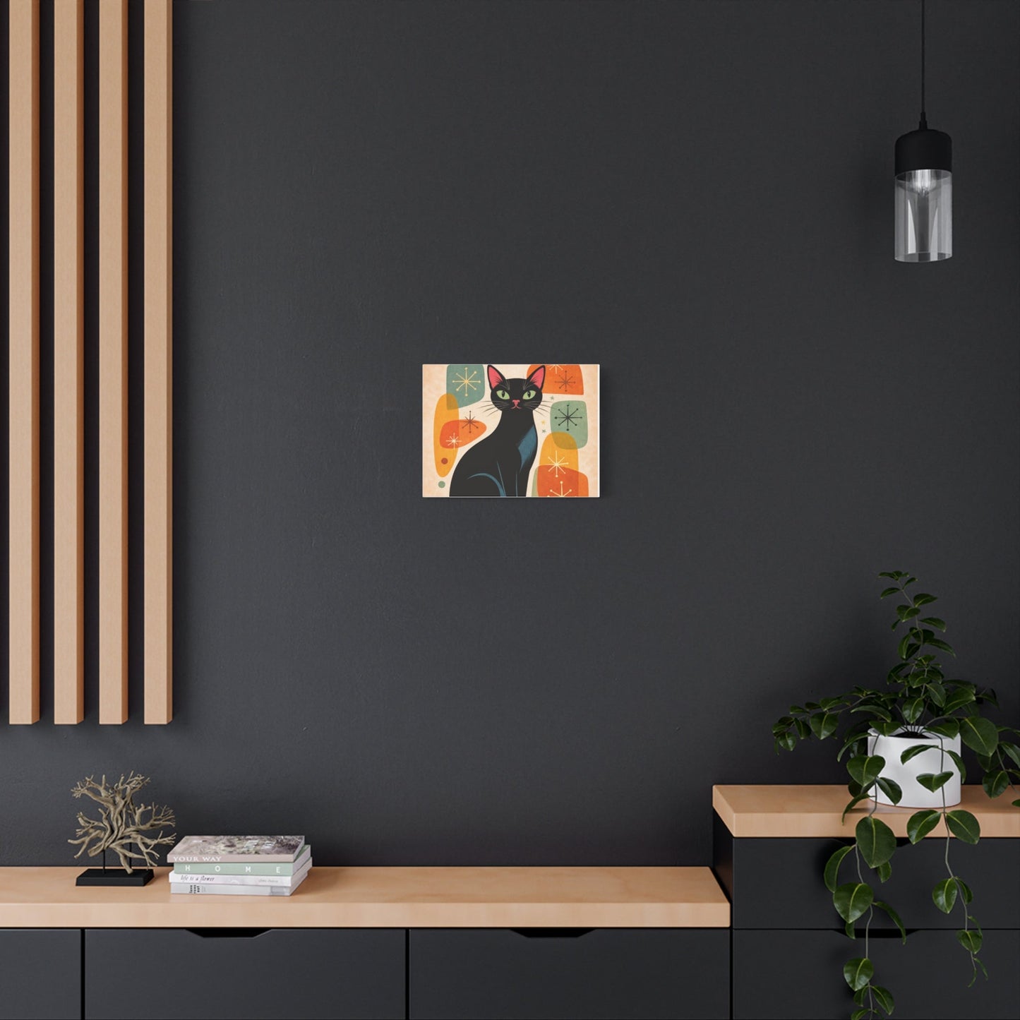 Mid - Century Modern Black Cat Canvas Print — Matte Stretched Wall Art - FloofChonk