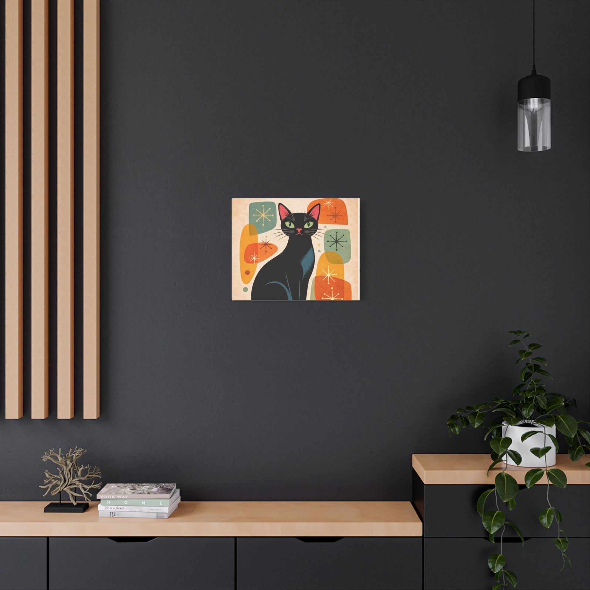 Mid - Century Modern Black Cat Canvas Print — Matte Stretched Wall Art - FloofChonk