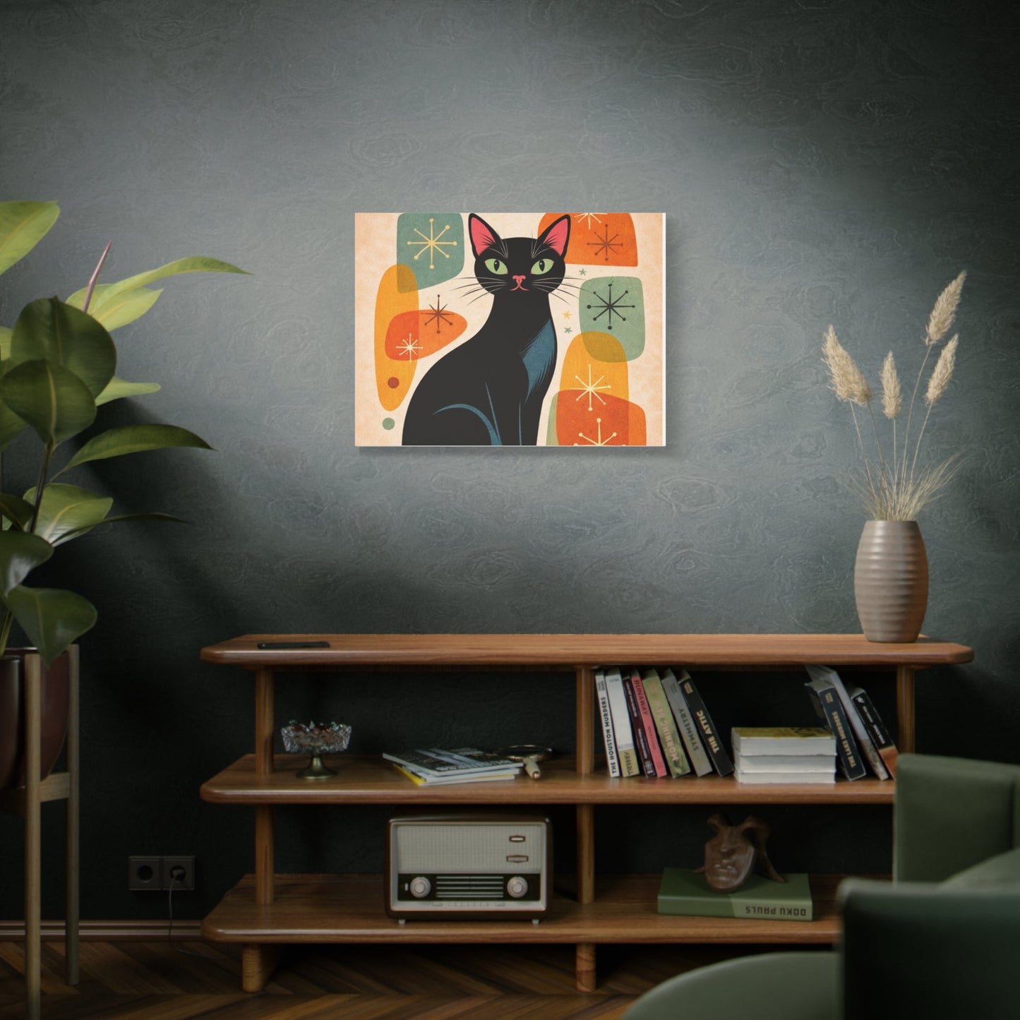 Mid - Century Modern Black Cat Canvas Print — Matte Stretched Wall Art - FloofChonk
