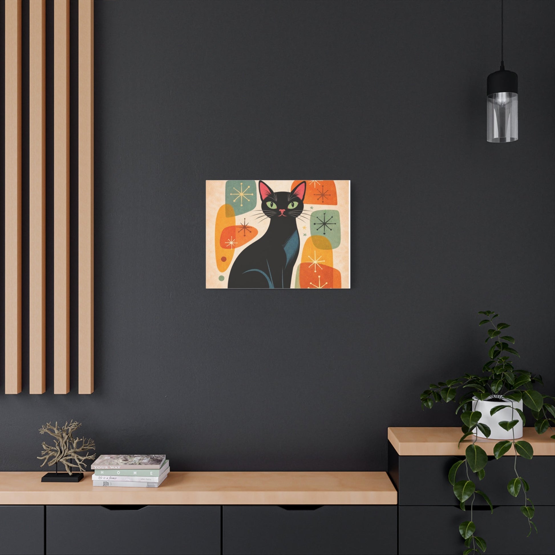Mid - Century Modern Black Cat Canvas Print — Matte Stretched Wall Art - FloofChonk