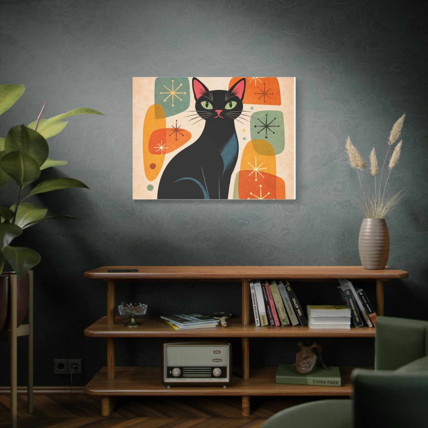 Mid - Century Modern Black Cat Canvas Print — Matte Stretched Wall Art - FloofChonk