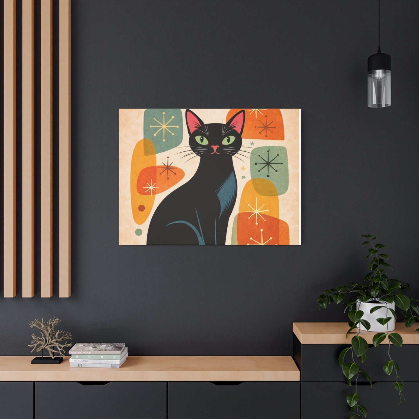 Mid - Century Modern Black Cat Canvas Print — Matte Stretched Wall Art - FloofChonk