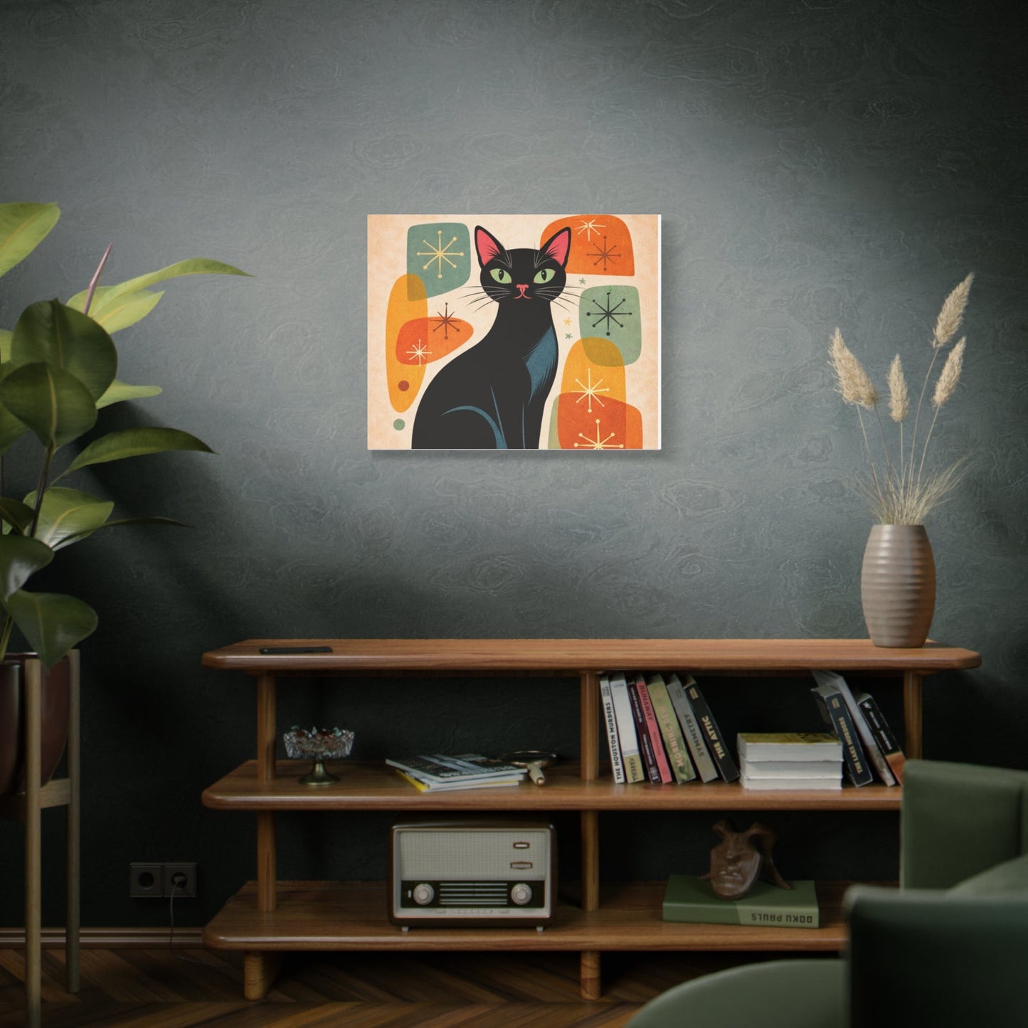 Mid - Century Modern Black Cat Canvas Print — Matte Stretched Wall Art - FloofChonk