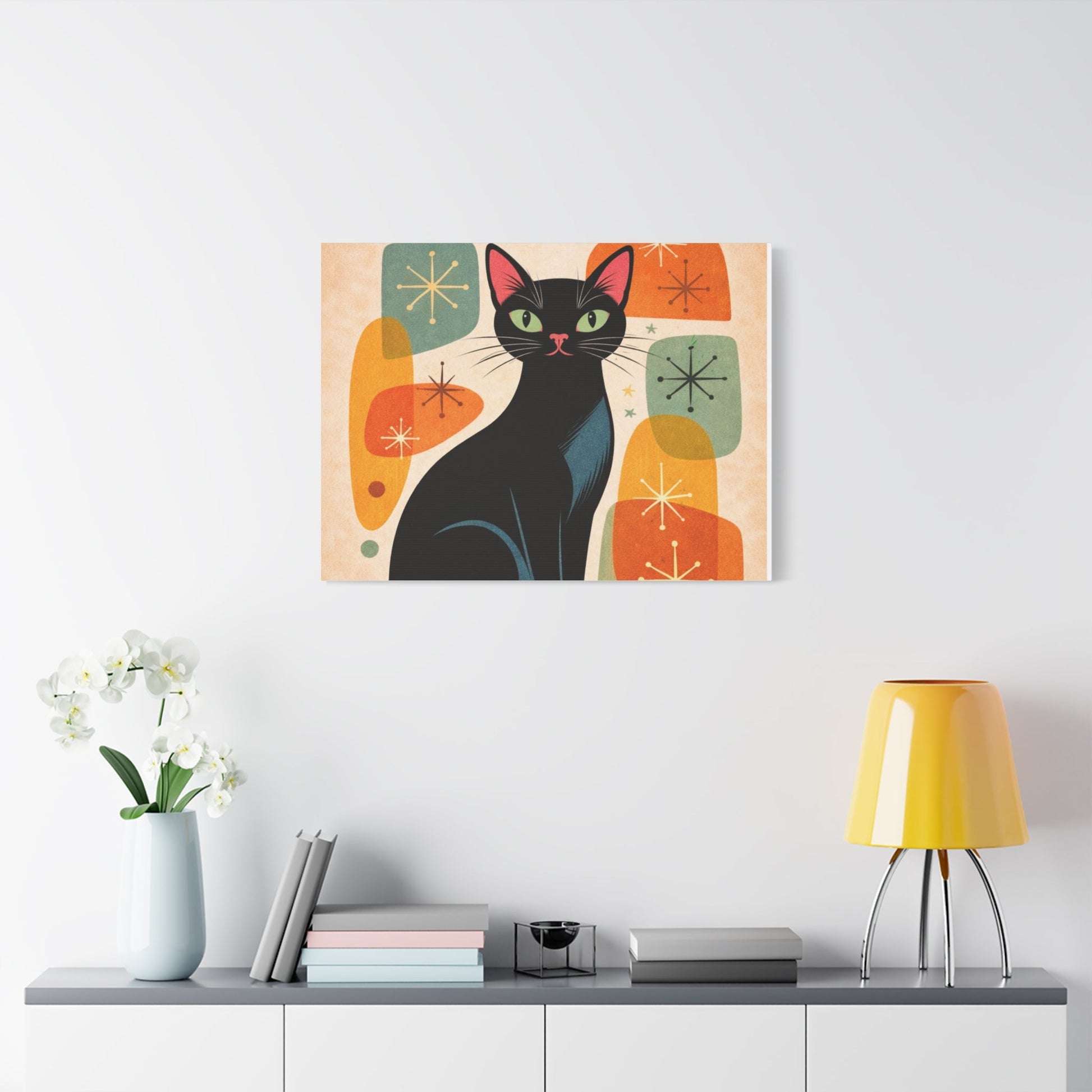 Mid - Century Modern Black Cat Canvas Print — Matte Stretched Wall Art - FloofChonk