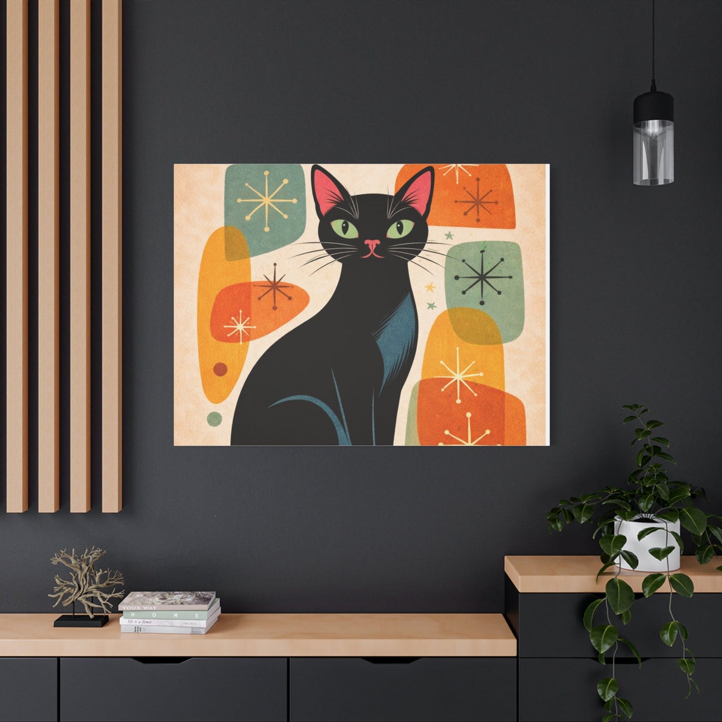 Mid - Century Modern Black Cat Canvas Print — Matte Stretched Wall Art - FloofChonk
