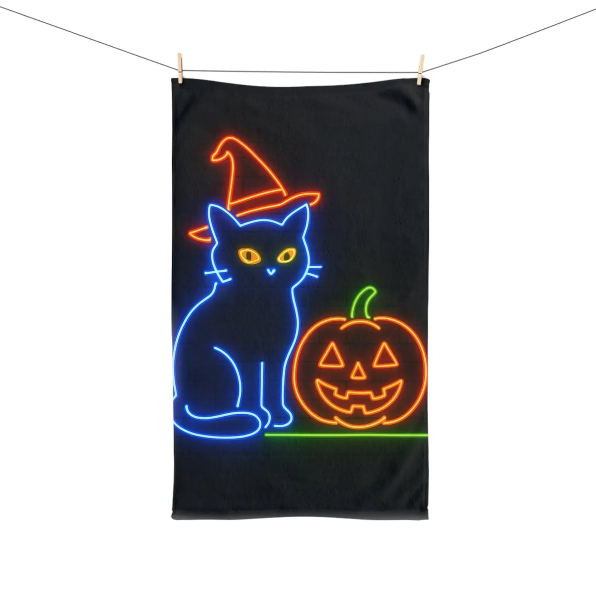 Neon Halloween Cat Hand Towel, Halloween Kitchen Decor, Cat Lover Gift, Spooky Home Towel, Pumpkin Design, Halloween Dish Towel, Halloween - FloofChonk