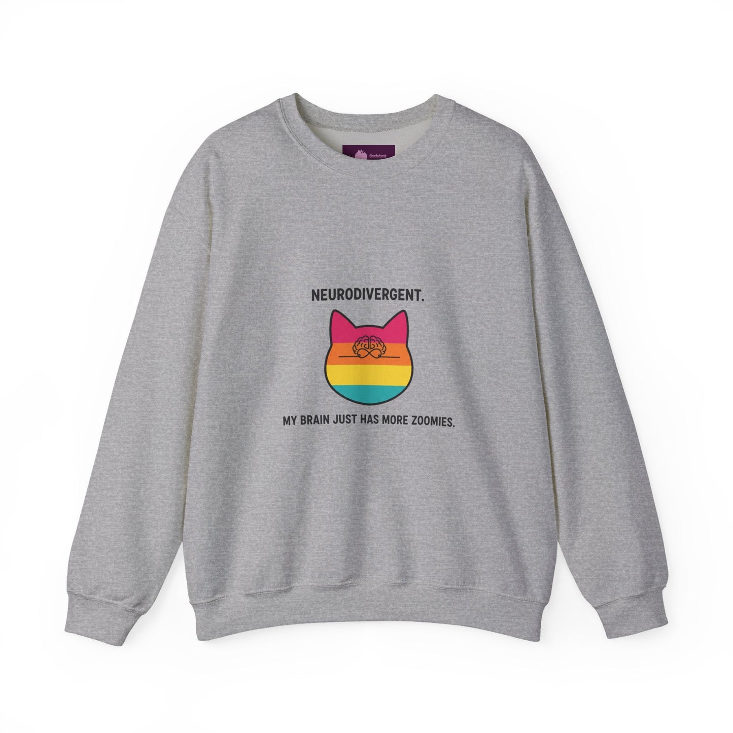 Neurodivergent Rainbow Cat Crewneck Sweatshirt — “My Brain Just Has More Zoomies” - FloofChonk