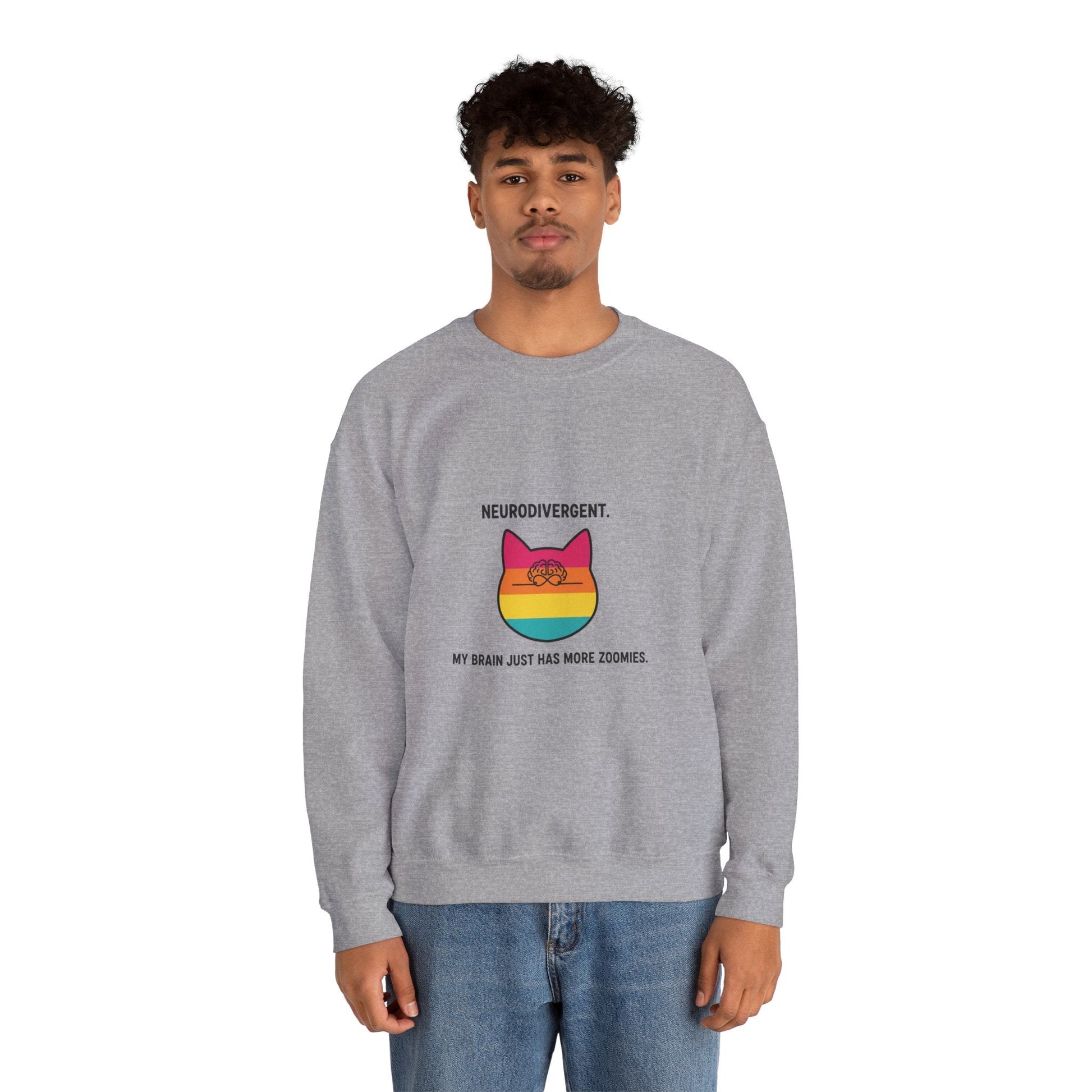 Neurodivergent Rainbow Cat Crewneck Sweatshirt — “My Brain Just Has More Zoomies” - FloofChonk