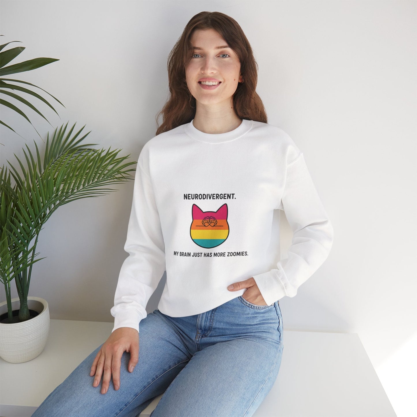 Neurodivergent Rainbow Cat Crewneck Sweatshirt — “My Brain Just Has More Zoomies” - FloofChonk