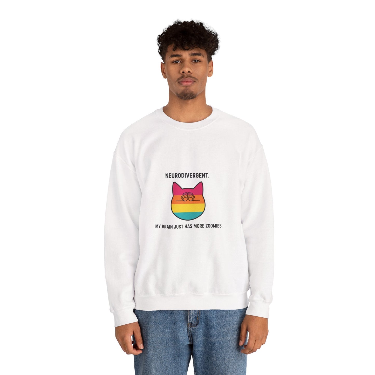 Neurodivergent Rainbow Cat Crewneck Sweatshirt — “My Brain Just Has More Zoomies” - FloofChonk