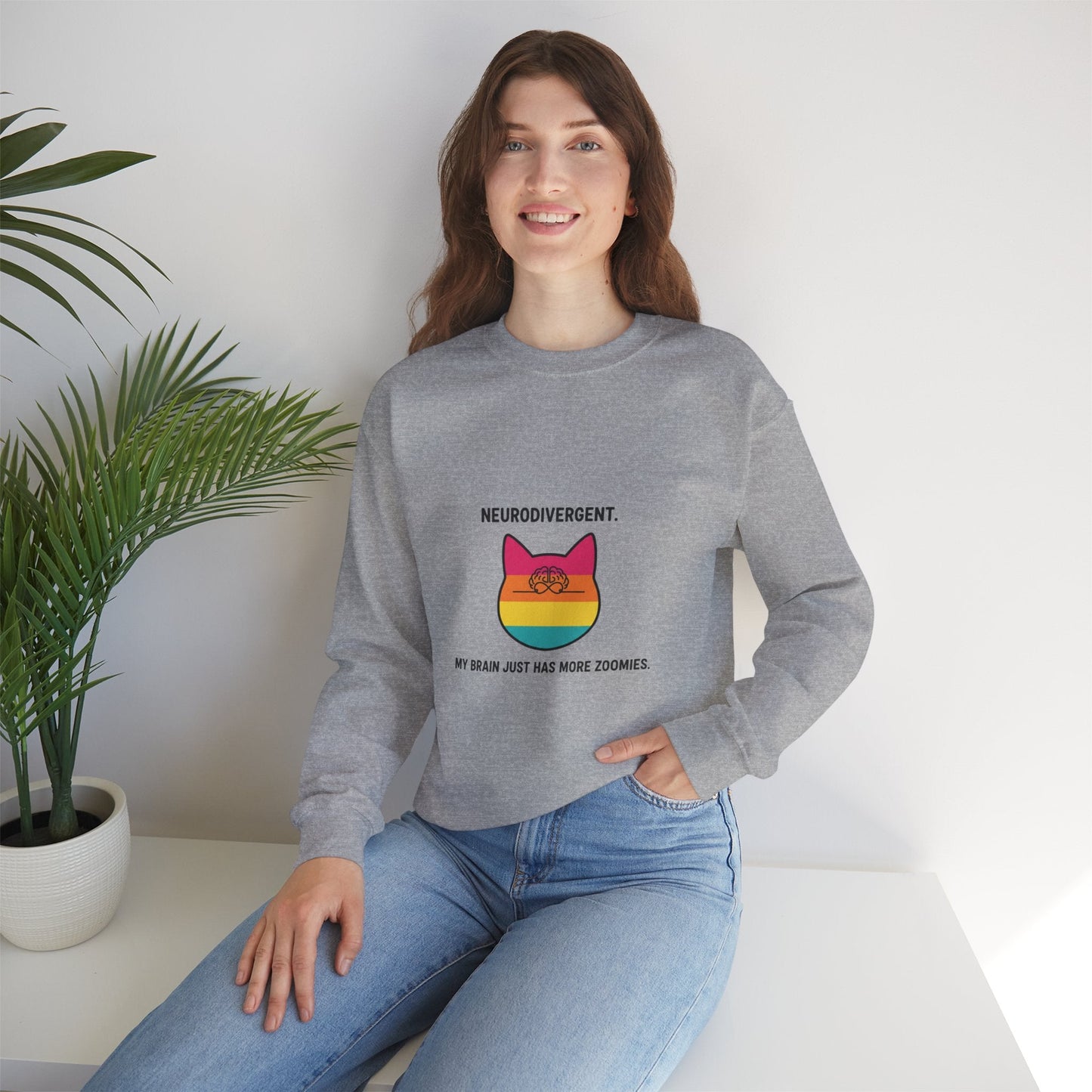 Neurodivergent Rainbow Cat Crewneck Sweatshirt — “My Brain Just Has More Zoomies” - FloofChonk