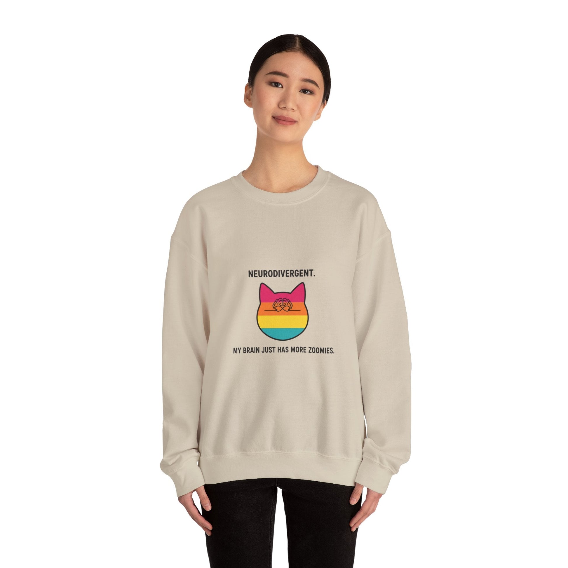 Neurodivergent Rainbow Cat Crewneck Sweatshirt — “My Brain Just Has More Zoomies” - FloofChonk