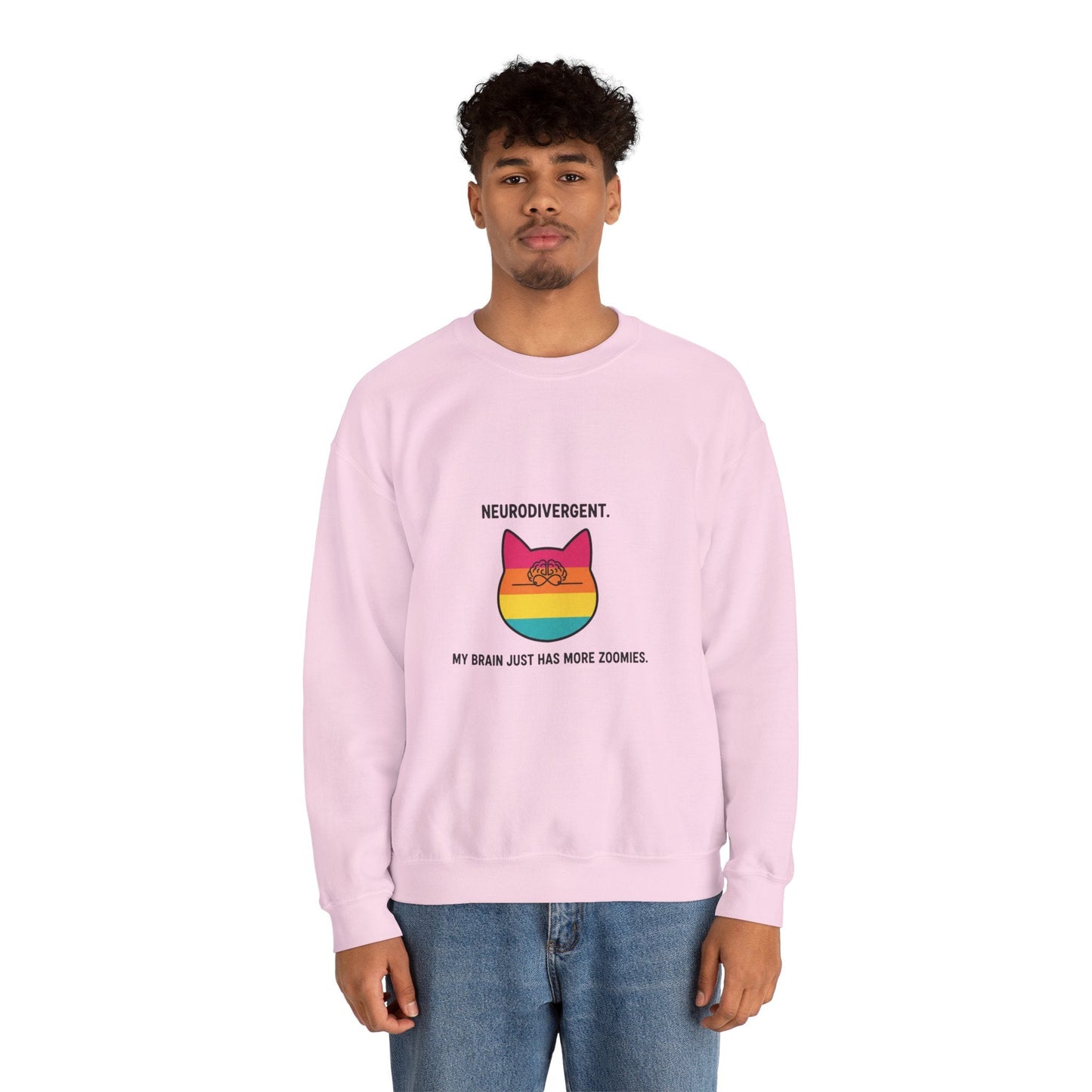 Neurodivergent Rainbow Cat Crewneck Sweatshirt — “My Brain Just Has More Zoomies” - FloofChonk