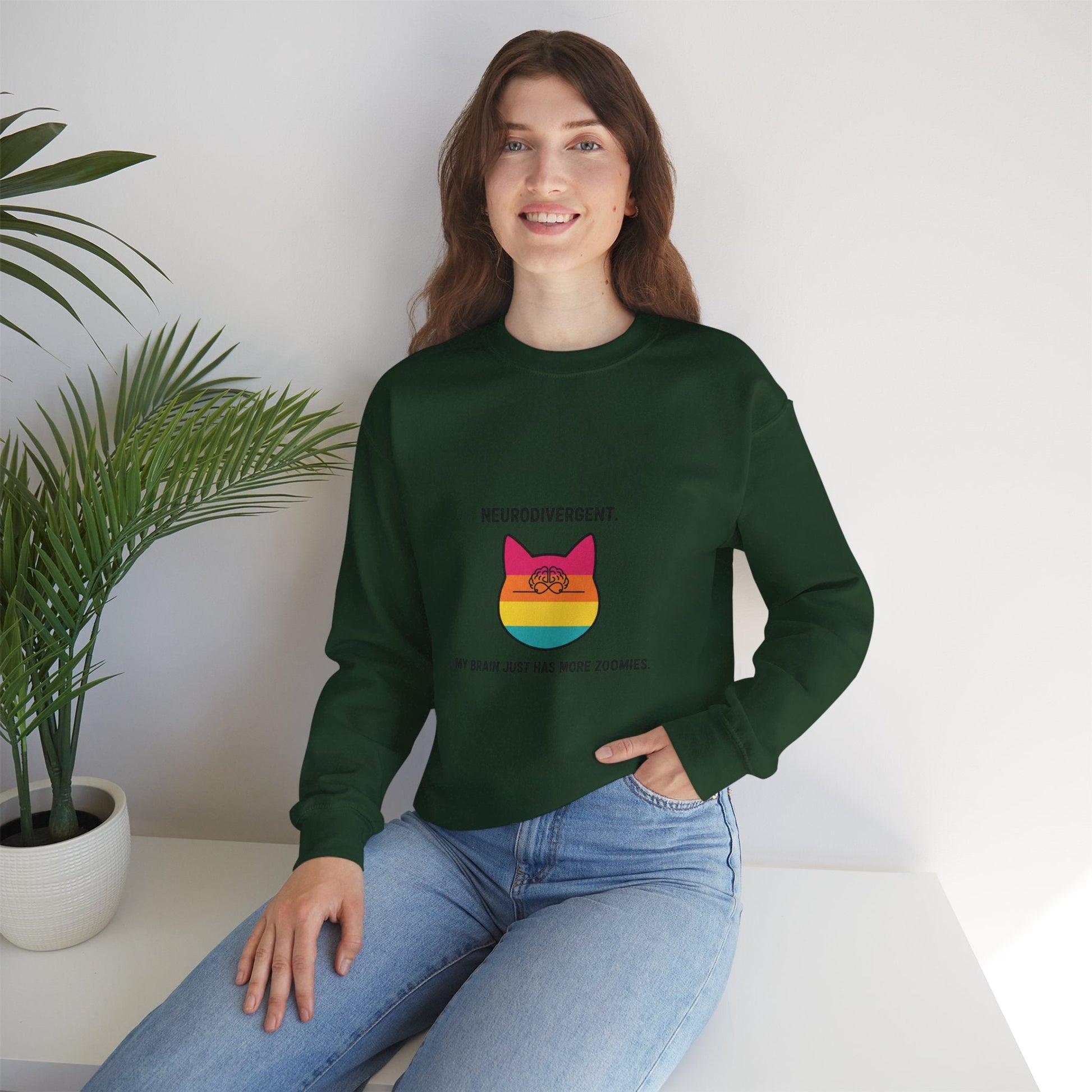 Neurodivergent Rainbow Cat Crewneck Sweatshirt — “My Brain Just Has More Zoomies” - FloofChonk