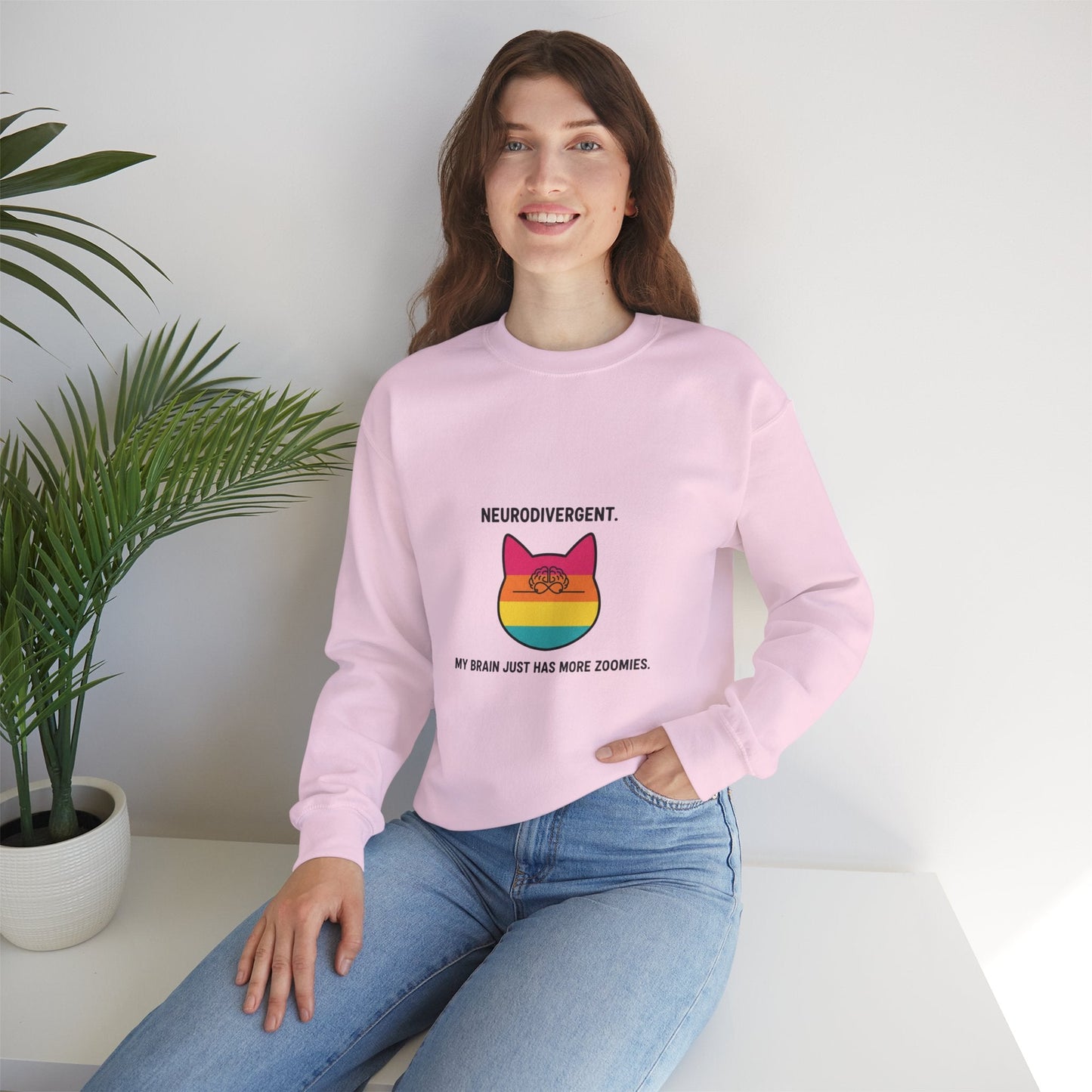 Neurodivergent Rainbow Cat Crewneck Sweatshirt — “My Brain Just Has More Zoomies” - FloofChonk