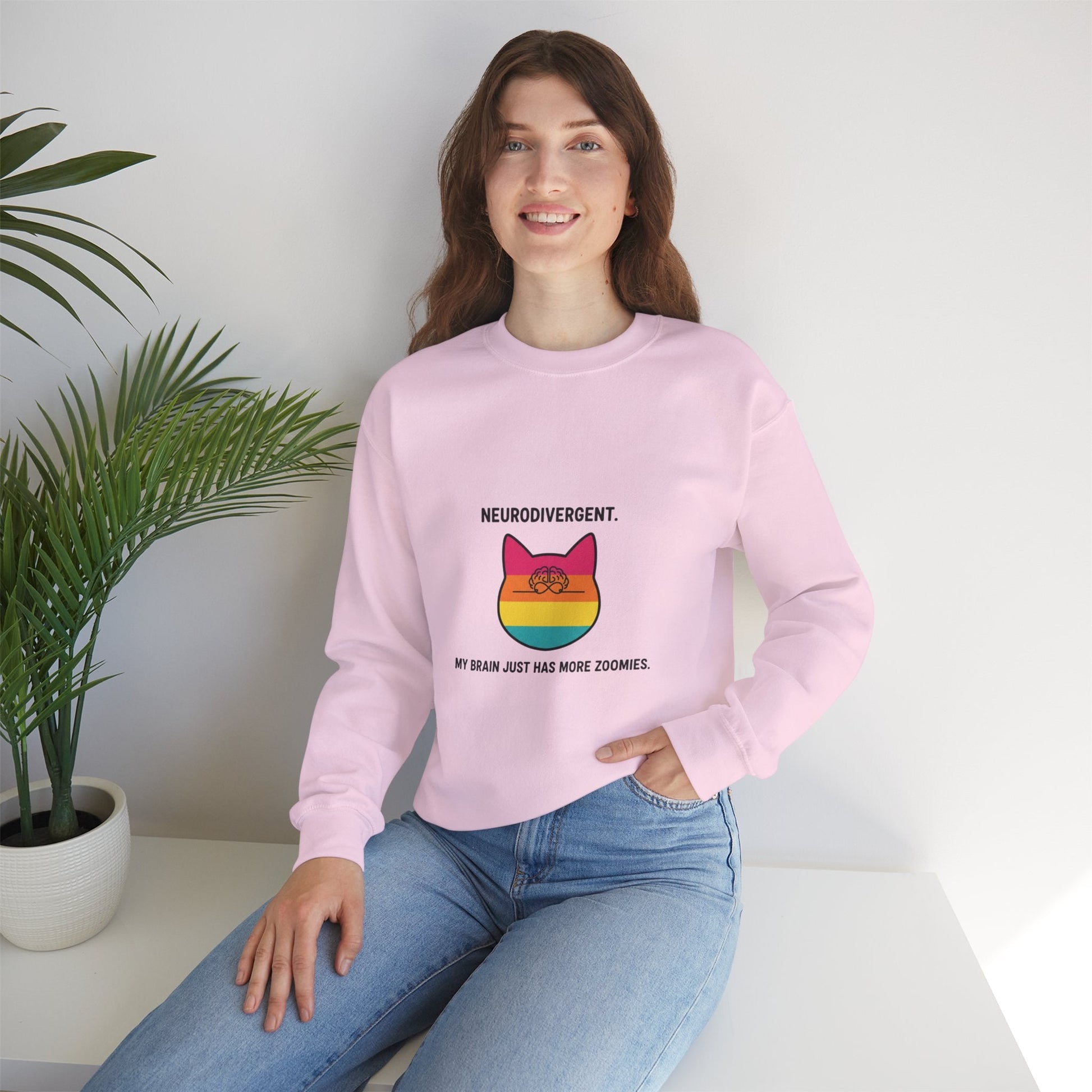 Neurodivergent Rainbow Cat Crewneck Sweatshirt — “My Brain Just Has More Zoomies” - FloofChonk