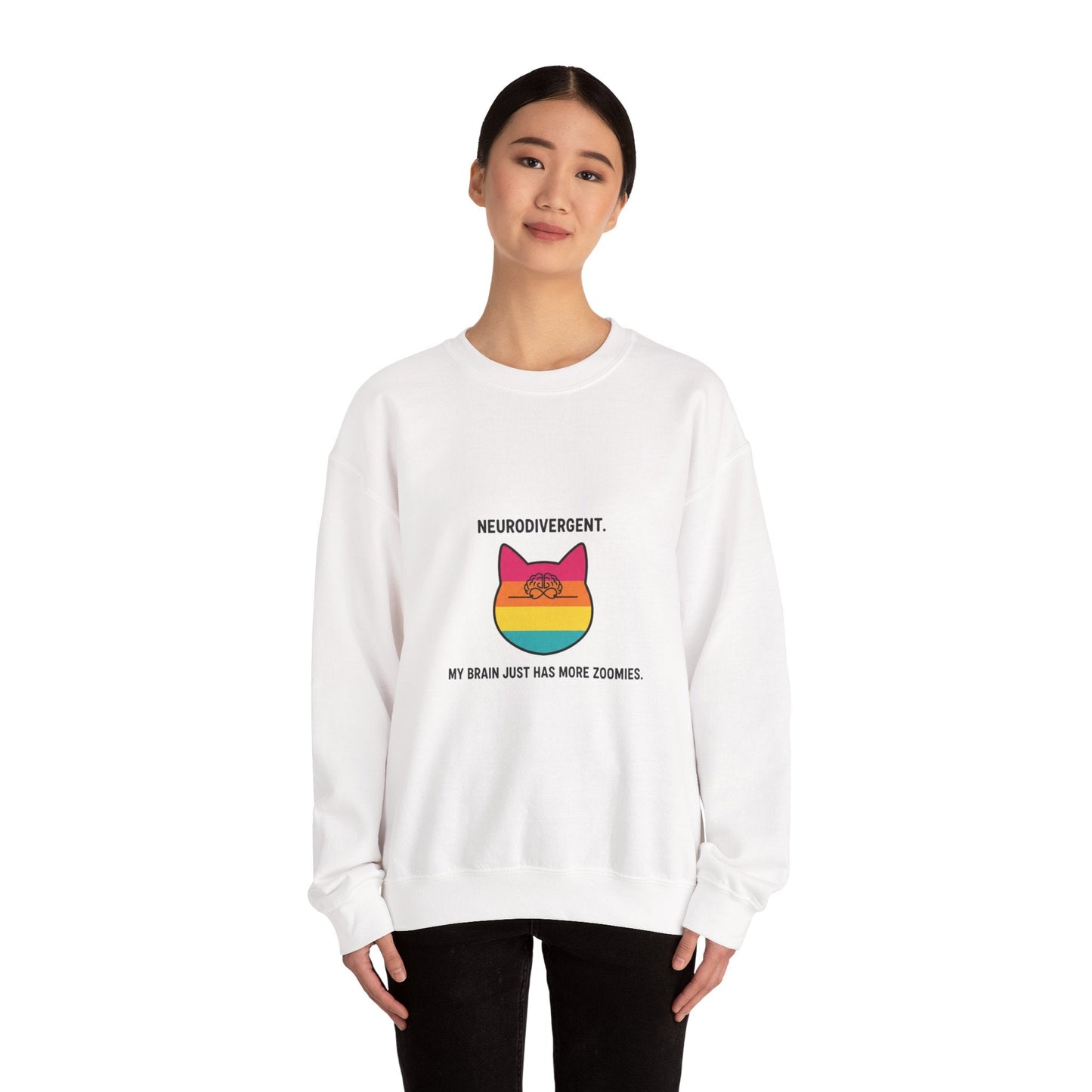 Neurodivergent Rainbow Cat Crewneck Sweatshirt — “My Brain Just Has More Zoomies” - FloofChonk