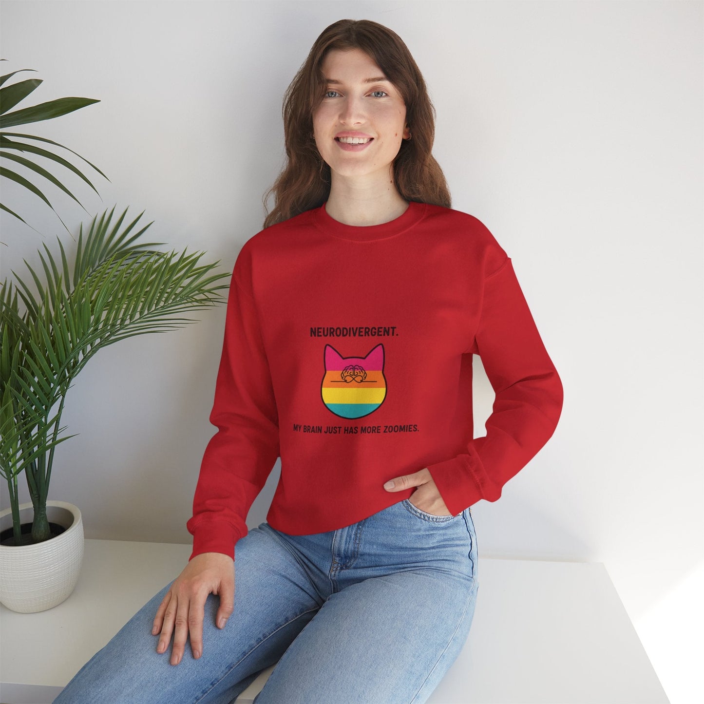 Neurodivergent Rainbow Cat Crewneck Sweatshirt — “My Brain Just Has More Zoomies” - FloofChonk