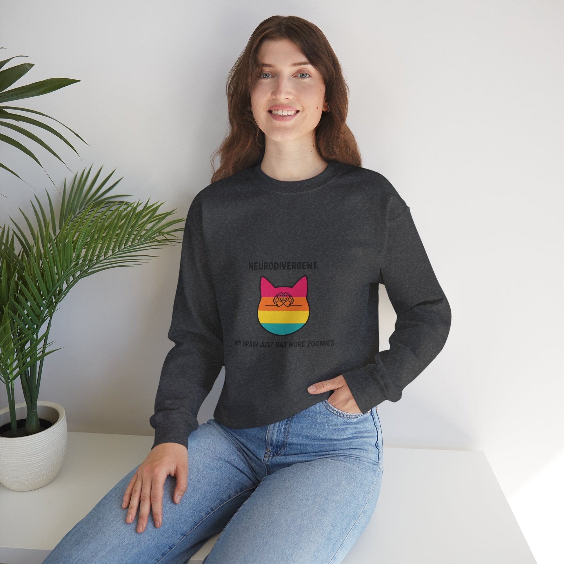 Neurodivergent Rainbow Cat Crewneck Sweatshirt — “My Brain Just Has More Zoomies” - FloofChonk