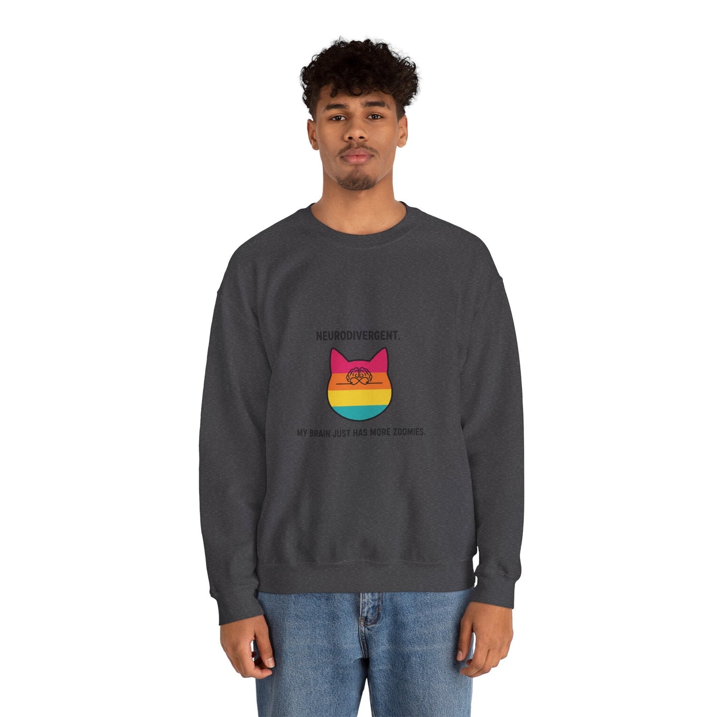 Neurodivergent Rainbow Cat Crewneck Sweatshirt — “My Brain Just Has More Zoomies” - FloofChonk