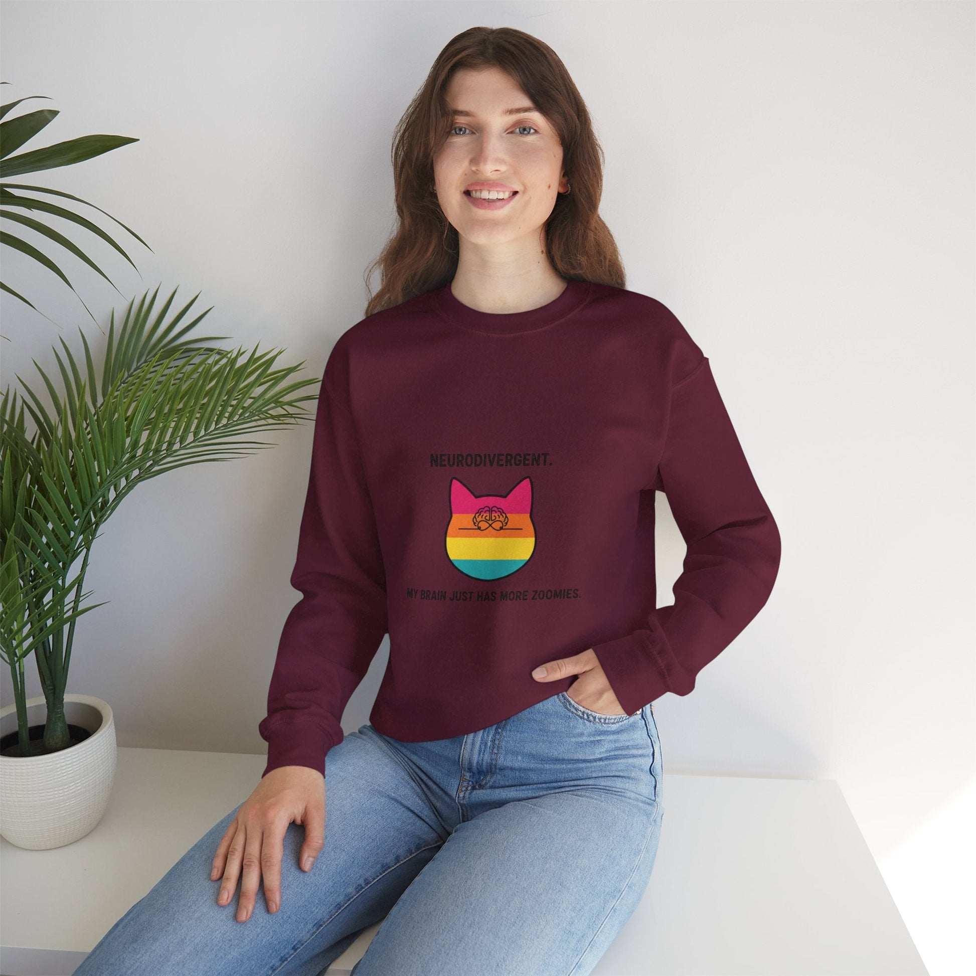 Neurodivergent Rainbow Cat Crewneck Sweatshirt — “My Brain Just Has More Zoomies” - FloofChonk