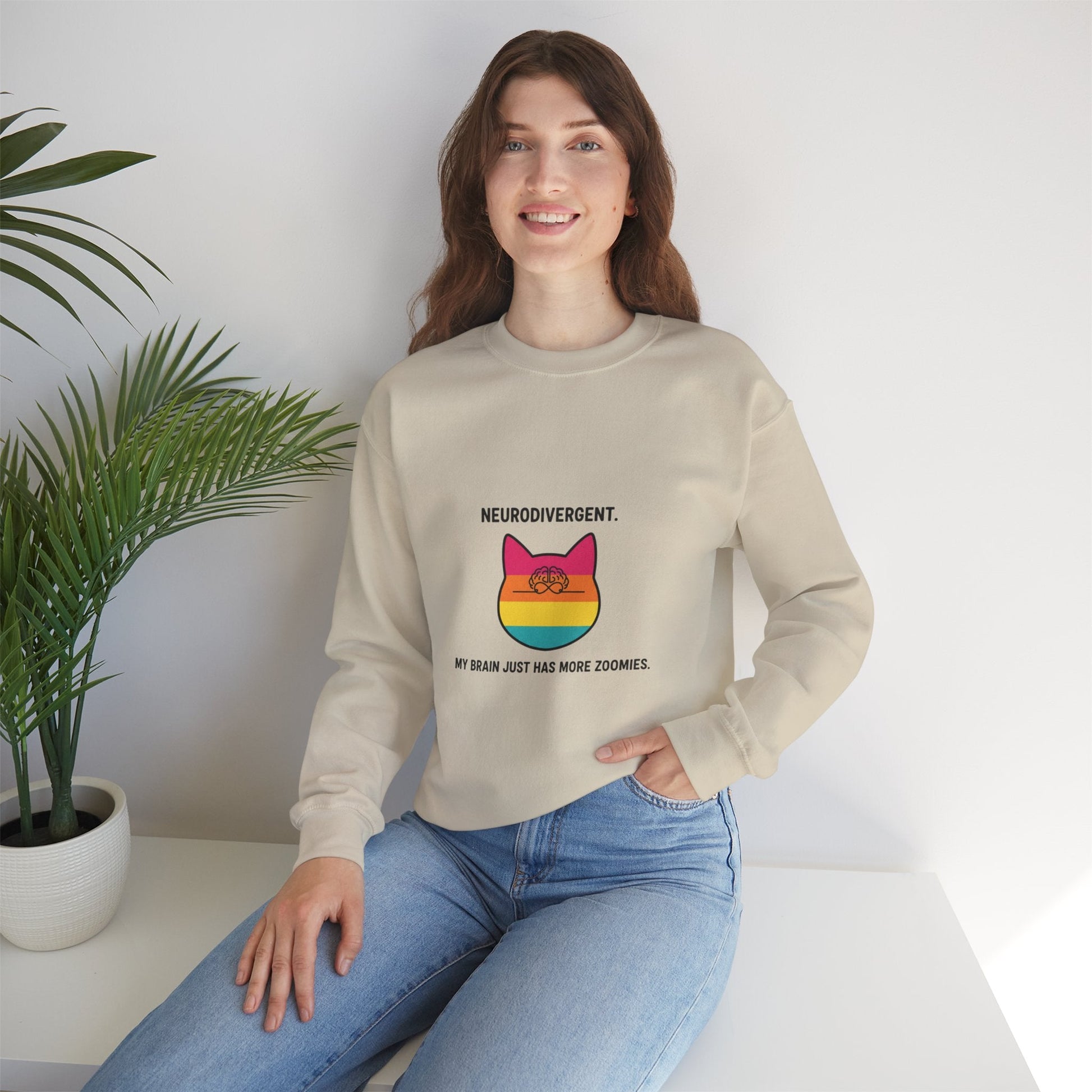 Neurodivergent Rainbow Cat Crewneck Sweatshirt — “My Brain Just Has More Zoomies” - FloofChonk