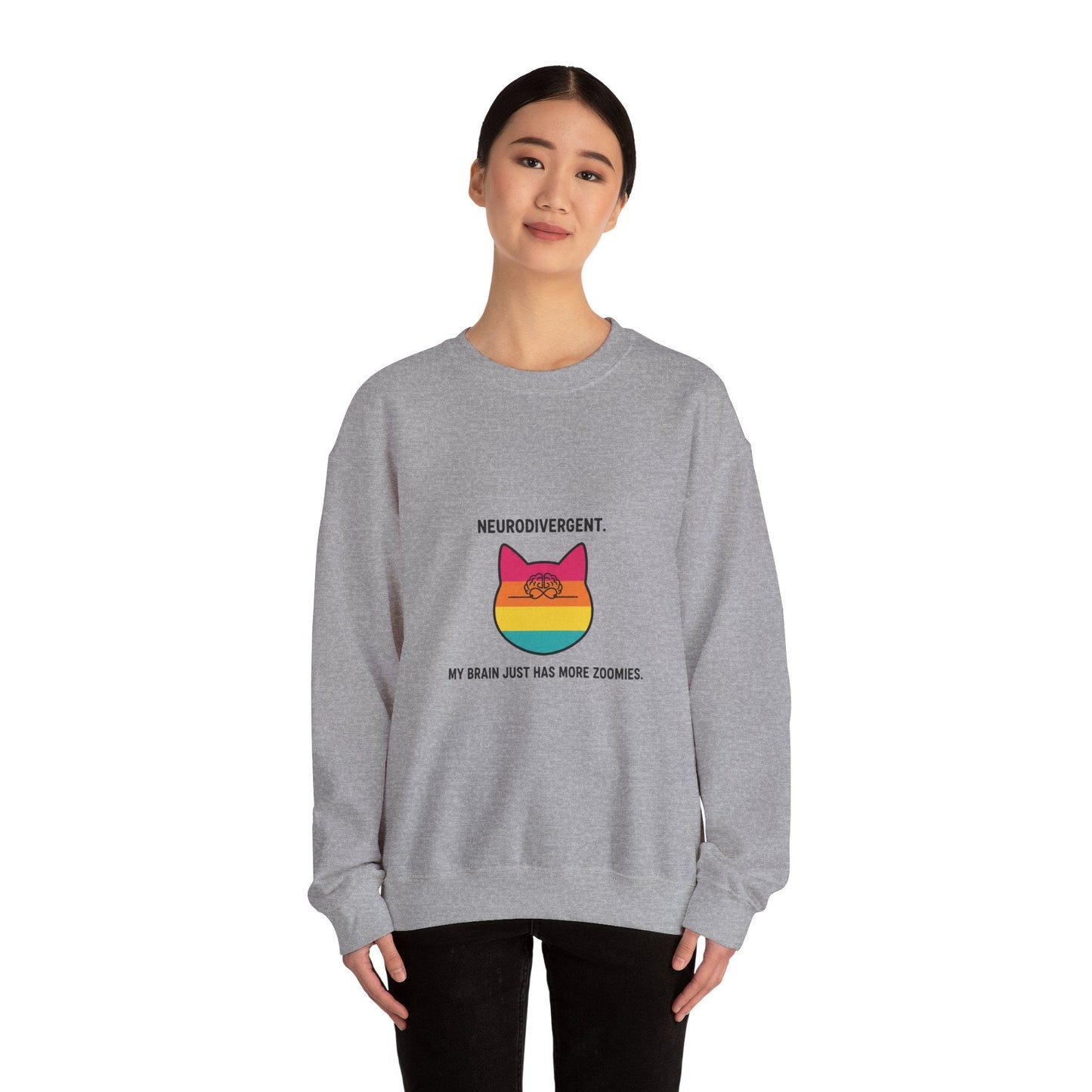 Neurodivergent Rainbow Cat Crewneck Sweatshirt — “My Brain Just Has More Zoomies” - FloofChonk