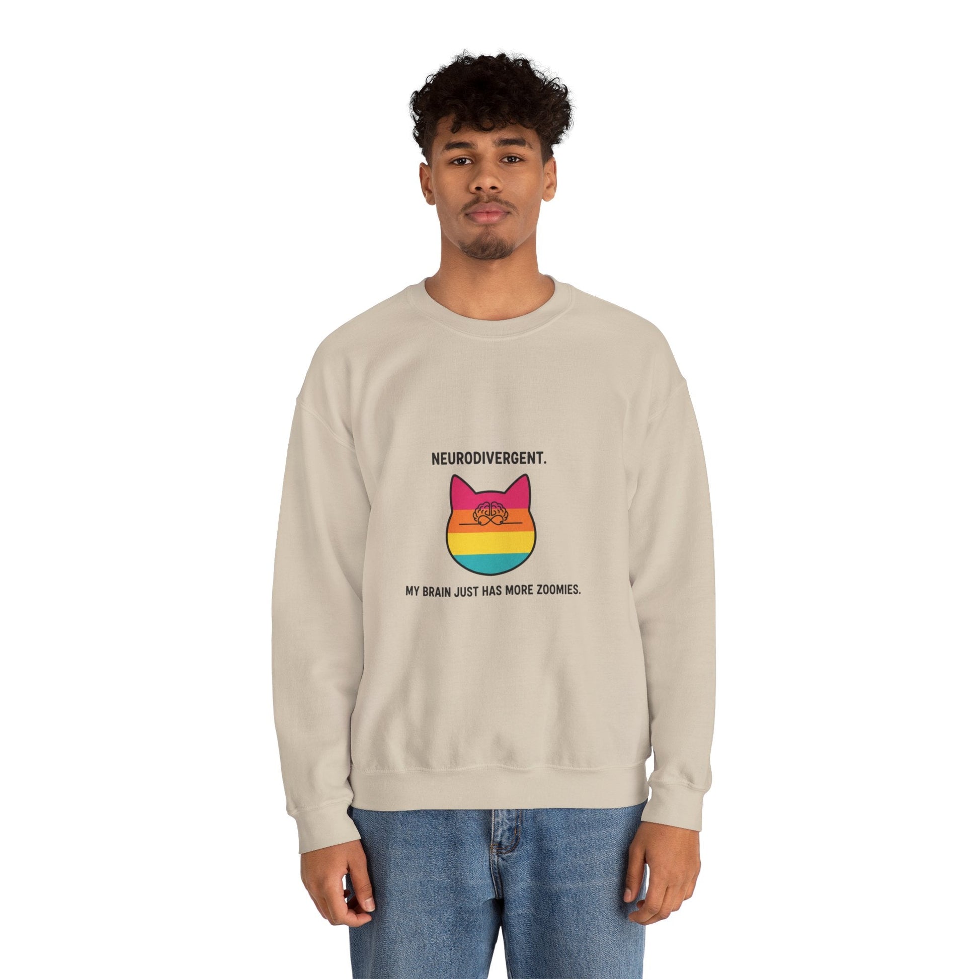 Neurodivergent Rainbow Cat Crewneck Sweatshirt — “My Brain Just Has More Zoomies” - FloofChonk