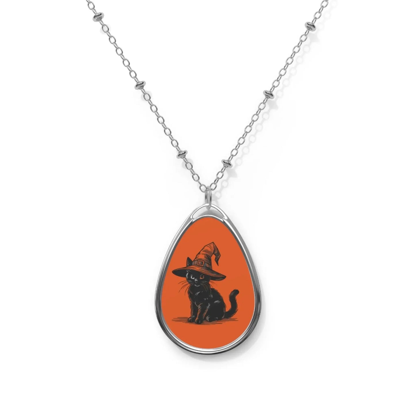 Oval Necklace, Halloween Cat Pendant, Witch Jewelry, Cat Lover Gift, Spooky Holiday Accessory, Fall Fashion Necklace, Unique Halloween Gift, - FloofChonk