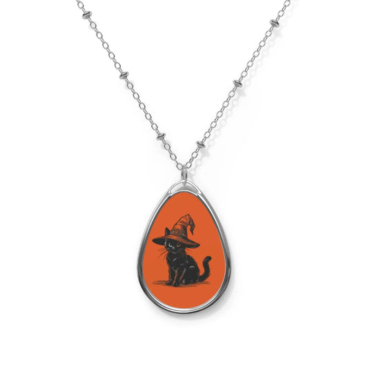 Oval Necklace, Halloween Cat Pendant, Witch Jewelry, Cat Lover Gift, Spooky Holiday Accessory, Fall Fashion Necklace, Unique Halloween Gift, - FloofChonk