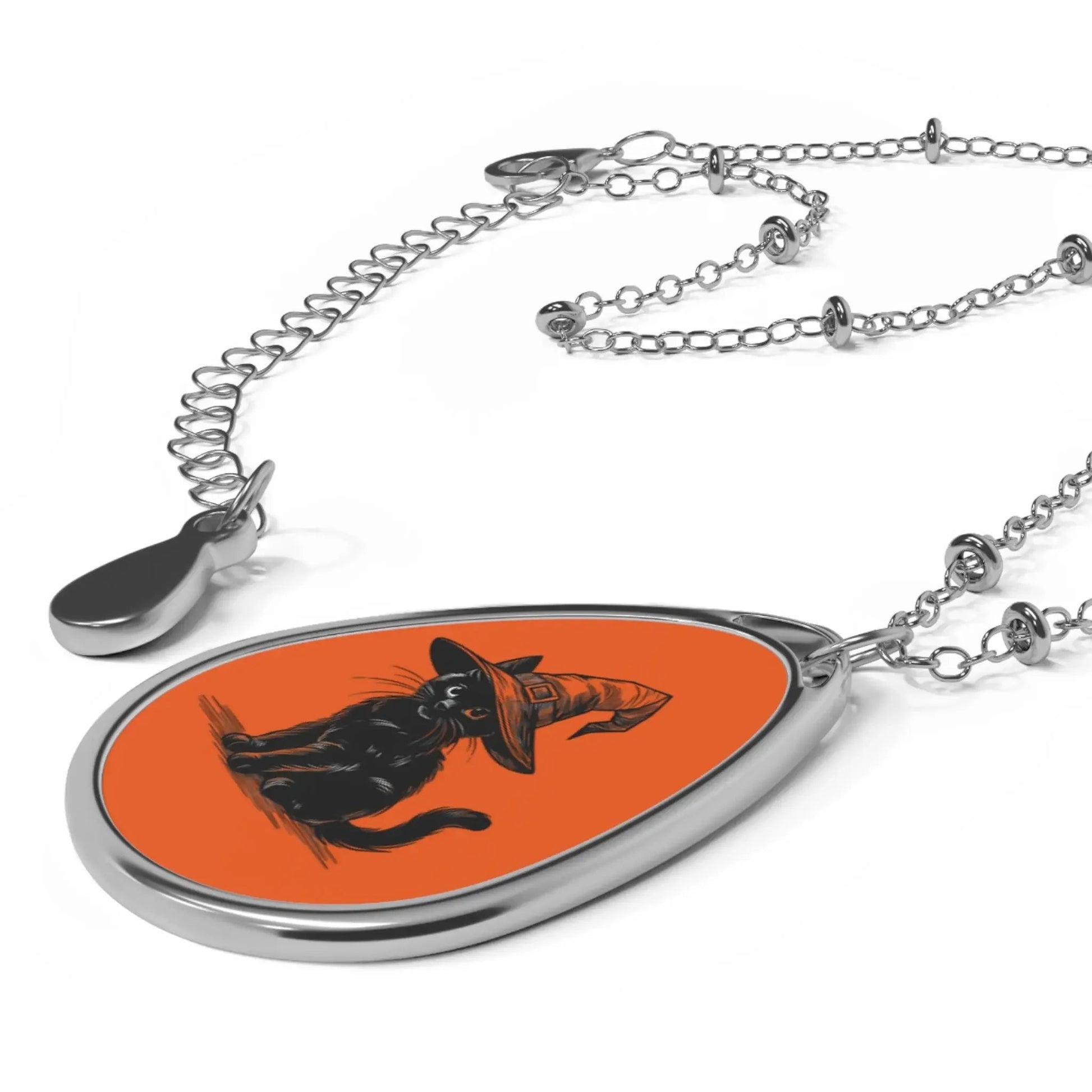 Oval Necklace, Halloween Cat Pendant, Witch Jewelry, Cat Lover Gift, Spooky Holiday Accessory, Fall Fashion Necklace, Unique Halloween Gift, - FloofChonk