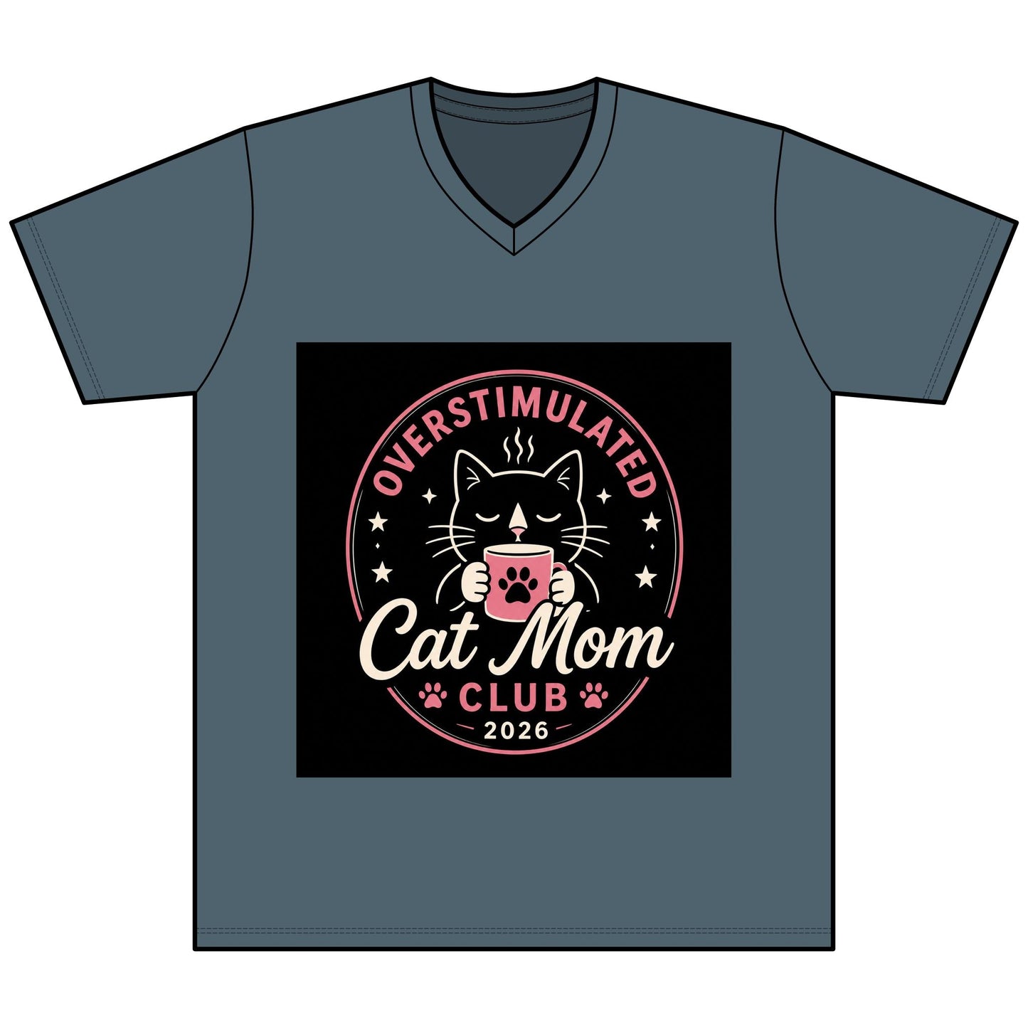 Overstimulated Cat Mom Club V - Neck Tee — Funny Cat Mom Shirt - FloofChonk