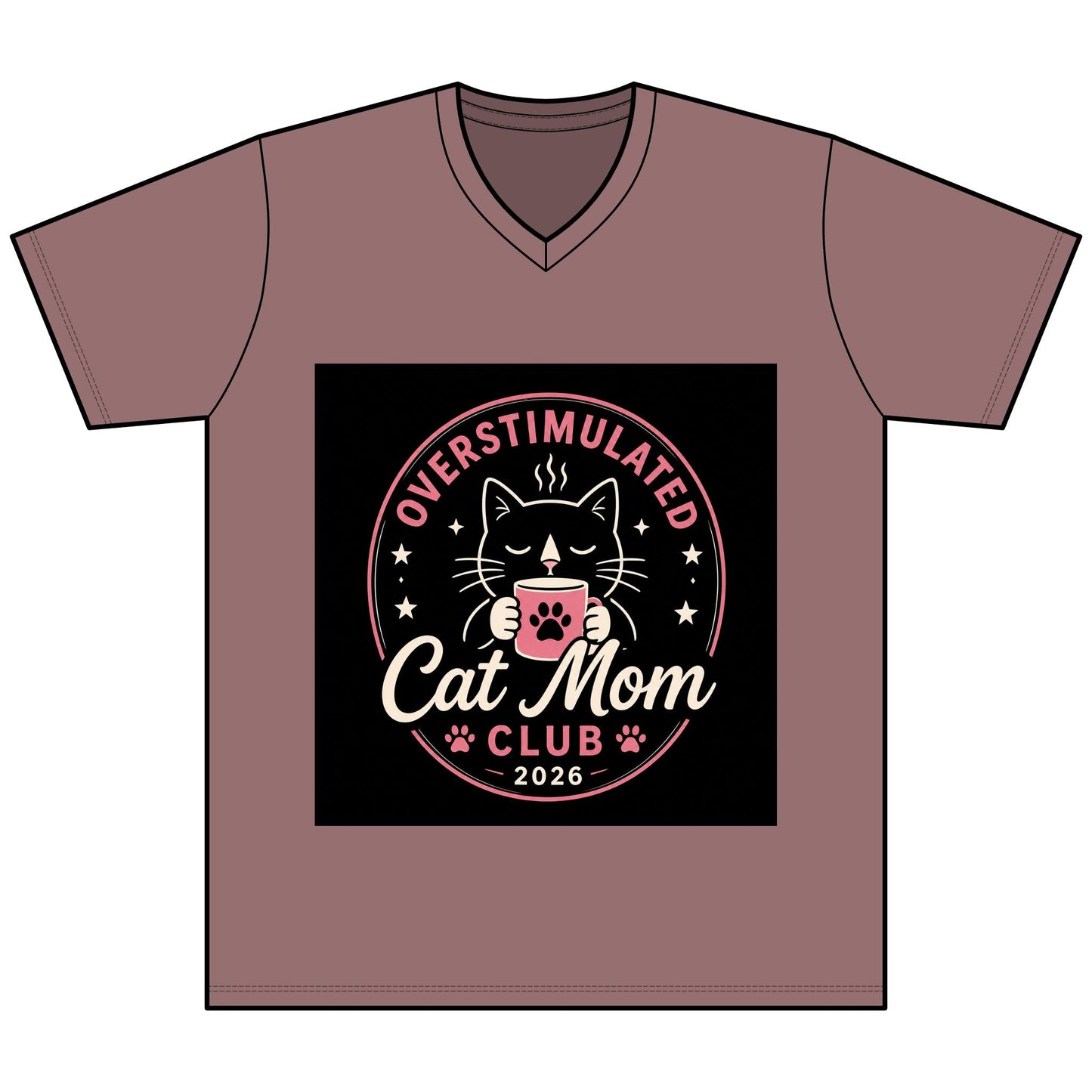 Overstimulated Cat Mom Club V - Neck Tee — Funny Cat Mom Shirt - FloofChonk
