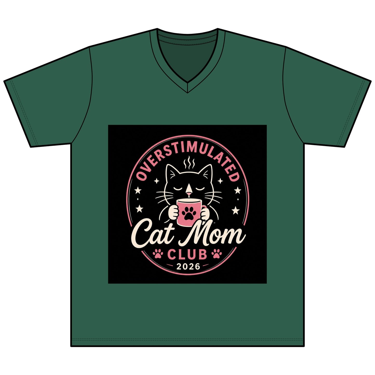 Overstimulated Cat Mom Club V - Neck Tee — Funny Cat Mom Shirt - FloofChonk