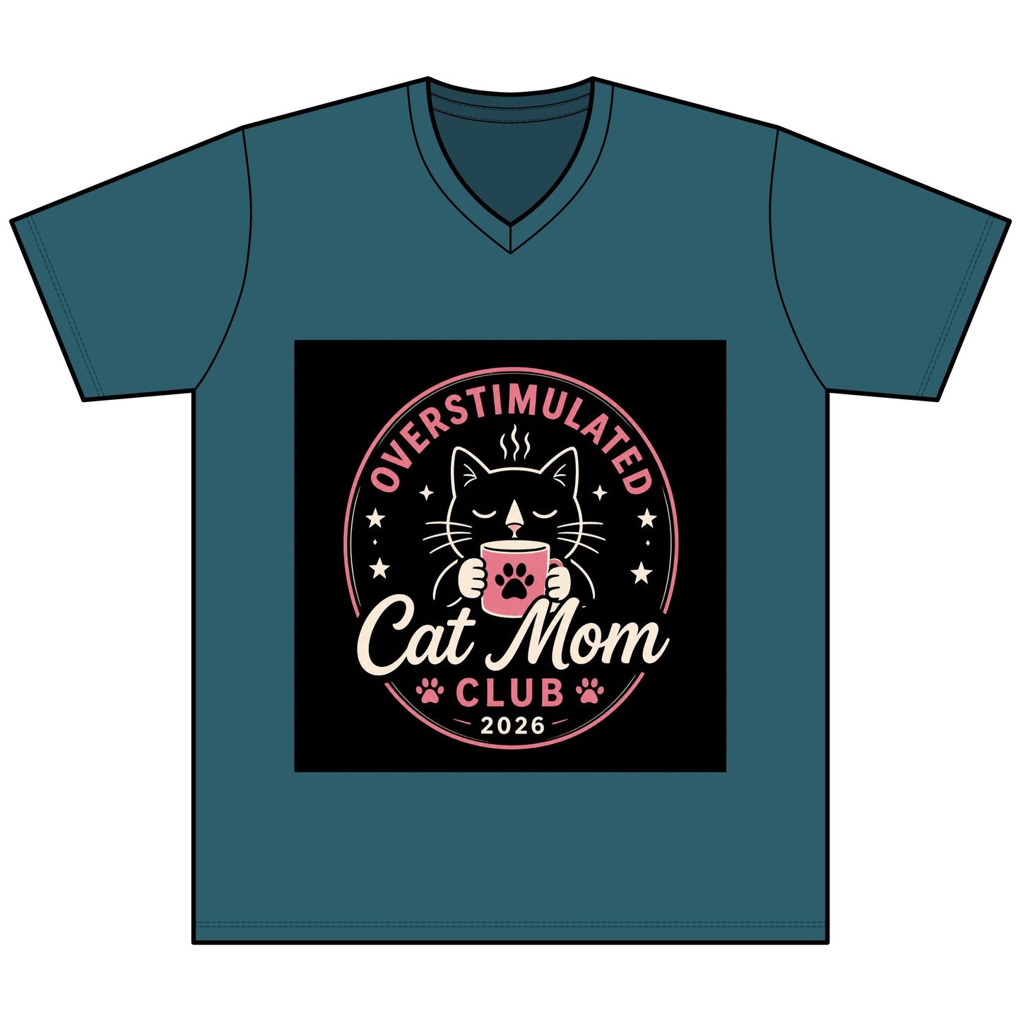 Overstimulated Cat Mom Club V - Neck Tee — Funny Cat Mom Shirt - FloofChonk