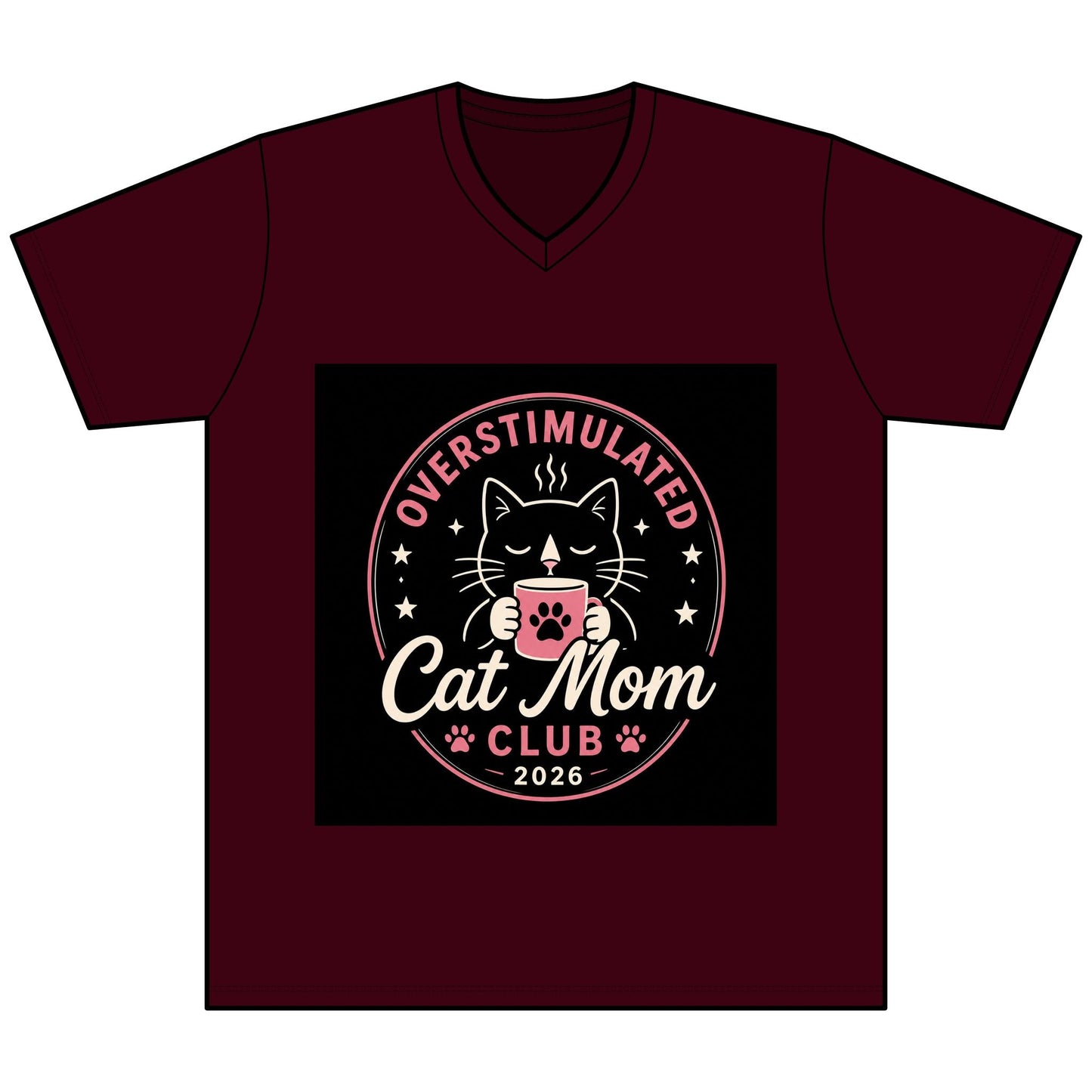 Overstimulated Cat Mom Club V - Neck Tee — Funny Cat Mom Shirt - FloofChonk