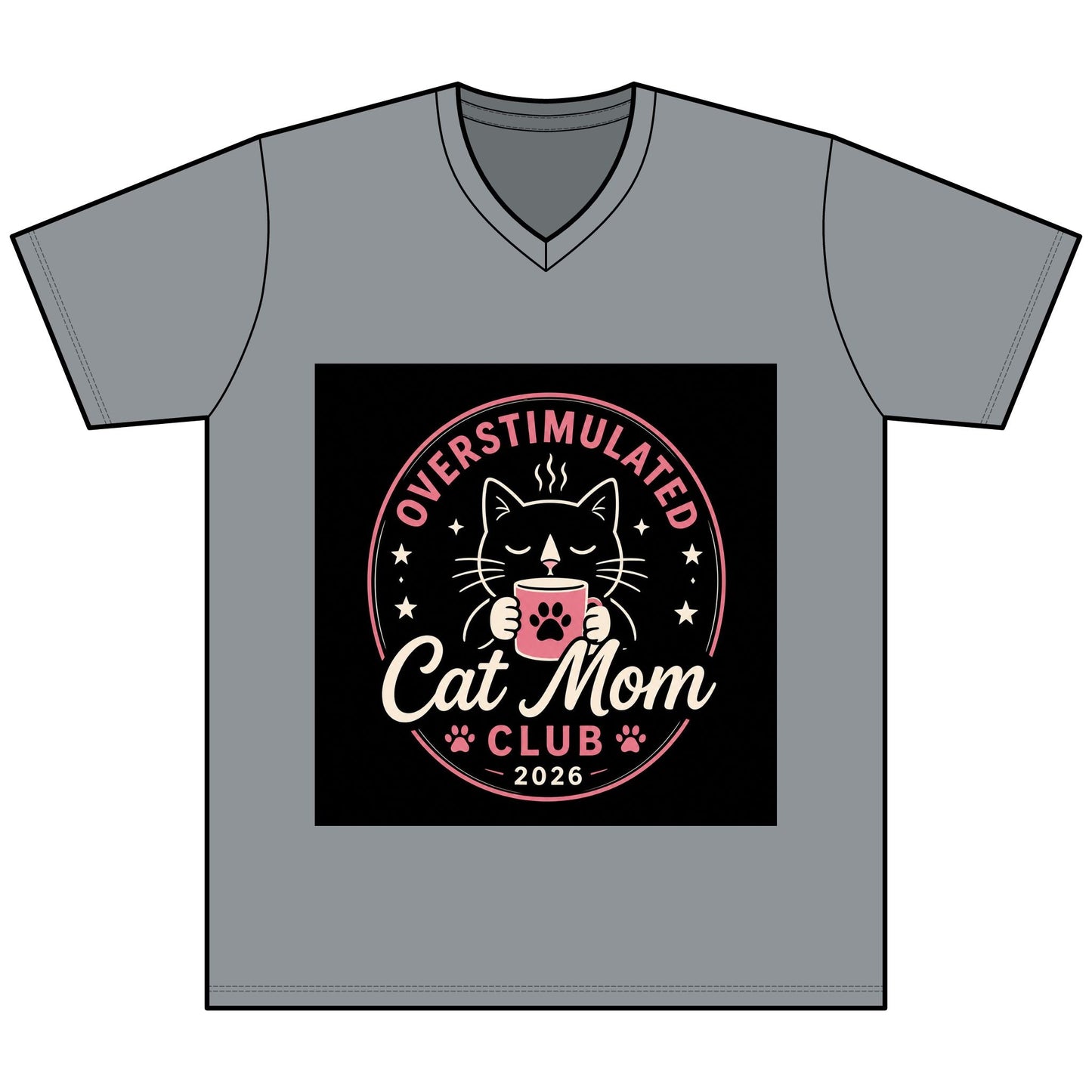 Overstimulated Cat Mom Club V - Neck Tee — Funny Cat Mom Shirt - FloofChonk