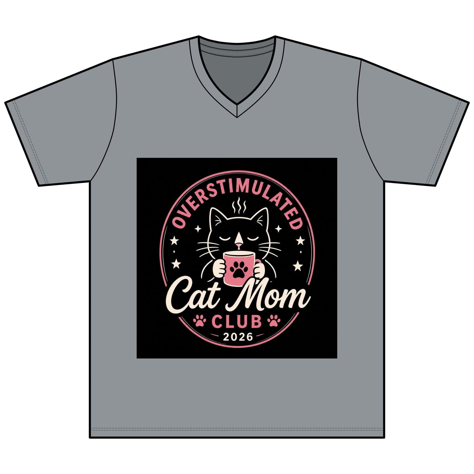 Overstimulated Cat Mom Club V - Neck Tee — Funny Cat Mom Shirt - FloofChonk