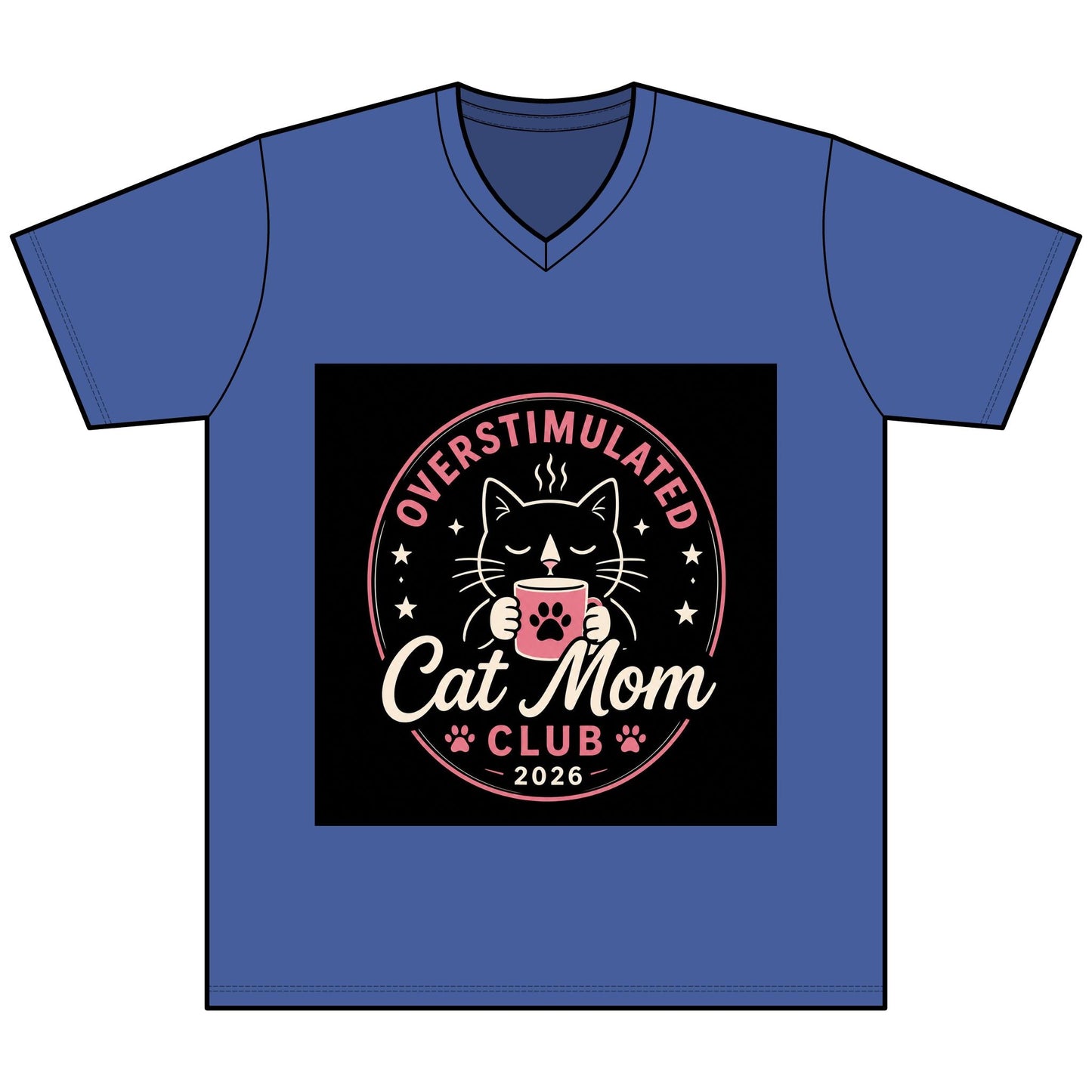 Overstimulated Cat Mom Club V - Neck Tee — Funny Cat Mom Shirt - FloofChonk