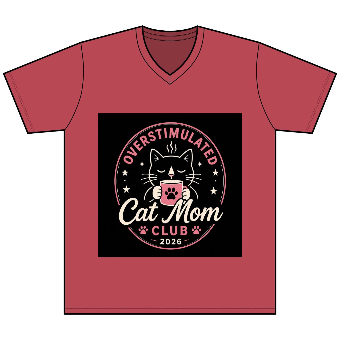 Overstimulated Cat Mom Club V - Neck Tee — Funny Cat Mom Shirt - FloofChonk