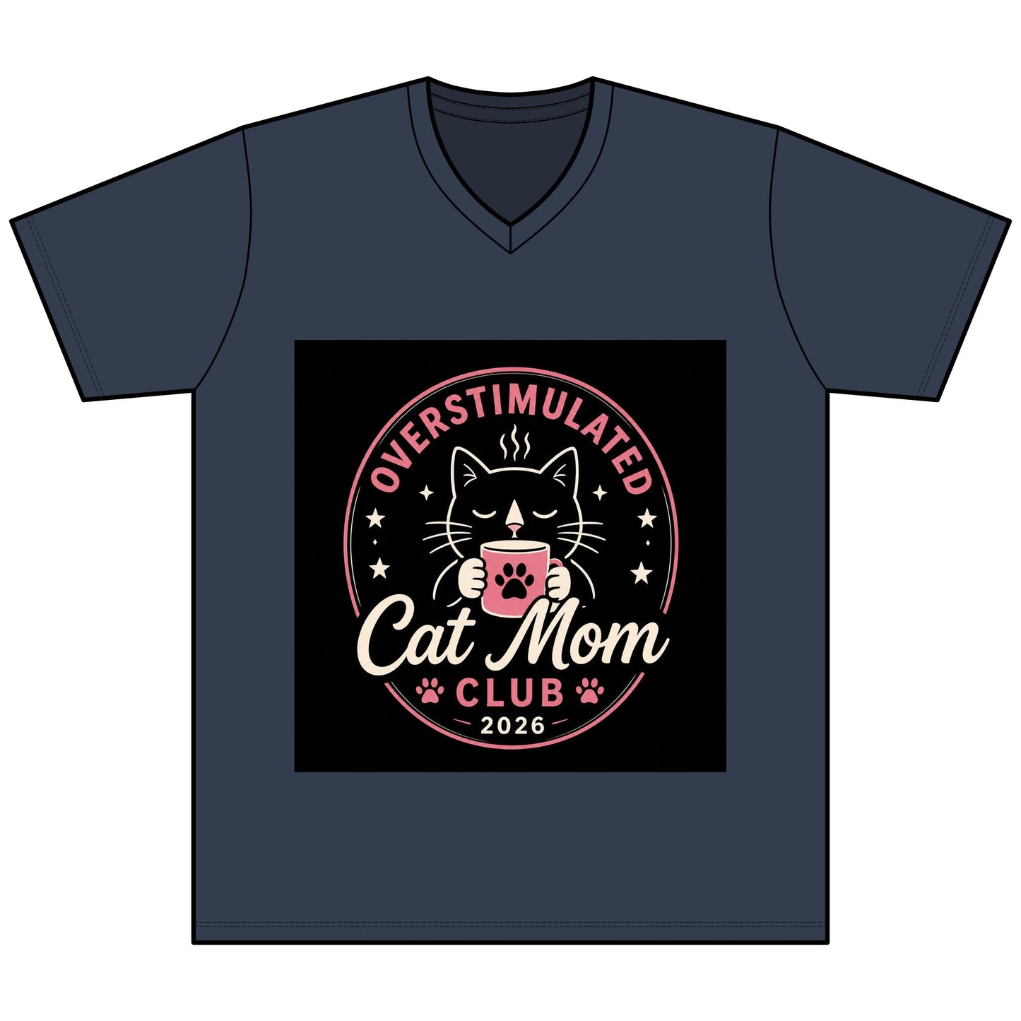 Overstimulated Cat Mom Club V - Neck Tee — Funny Cat Mom Shirt - FloofChonk