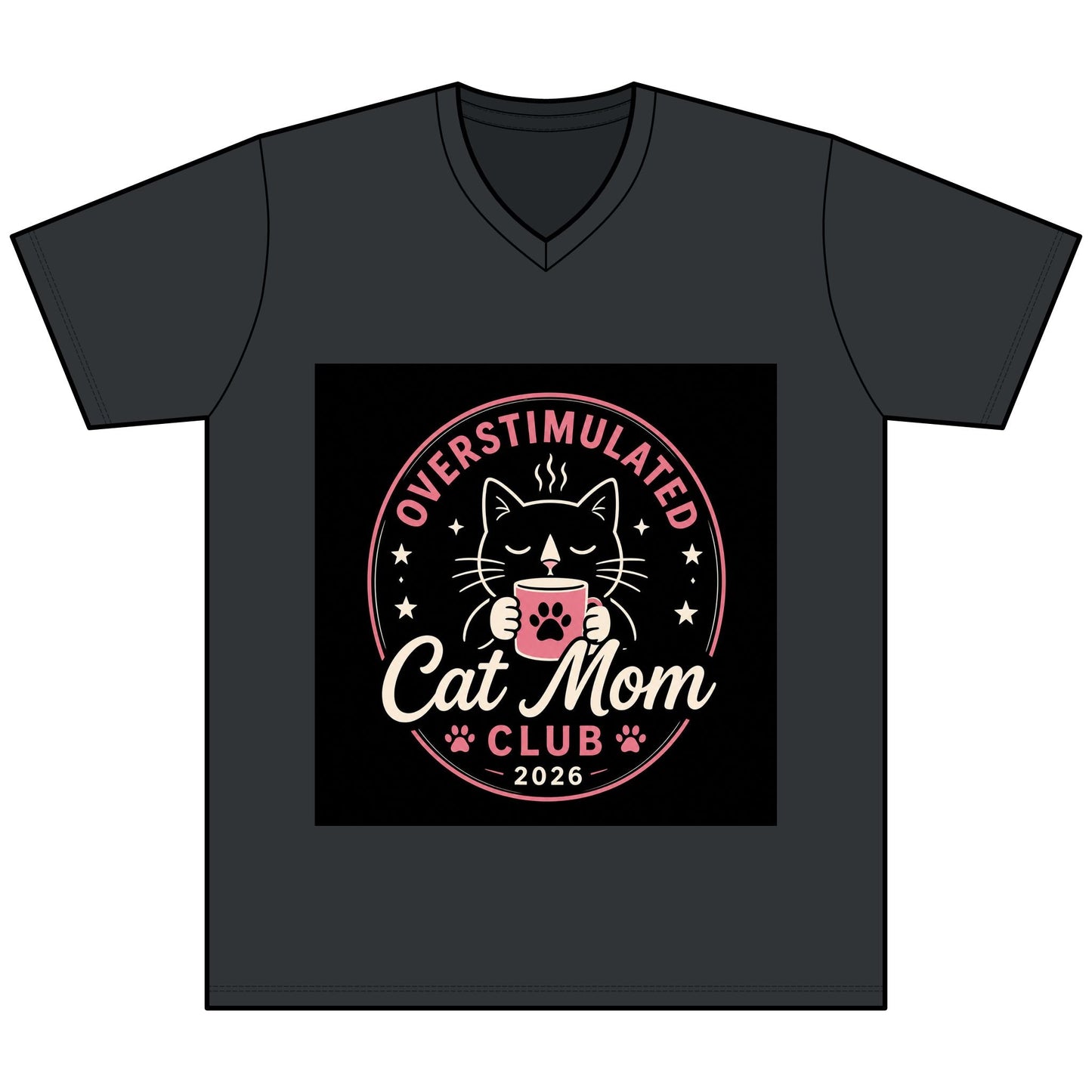 Overstimulated Cat Mom Club V - Neck Tee — Funny Cat Mom Shirt - FloofChonk